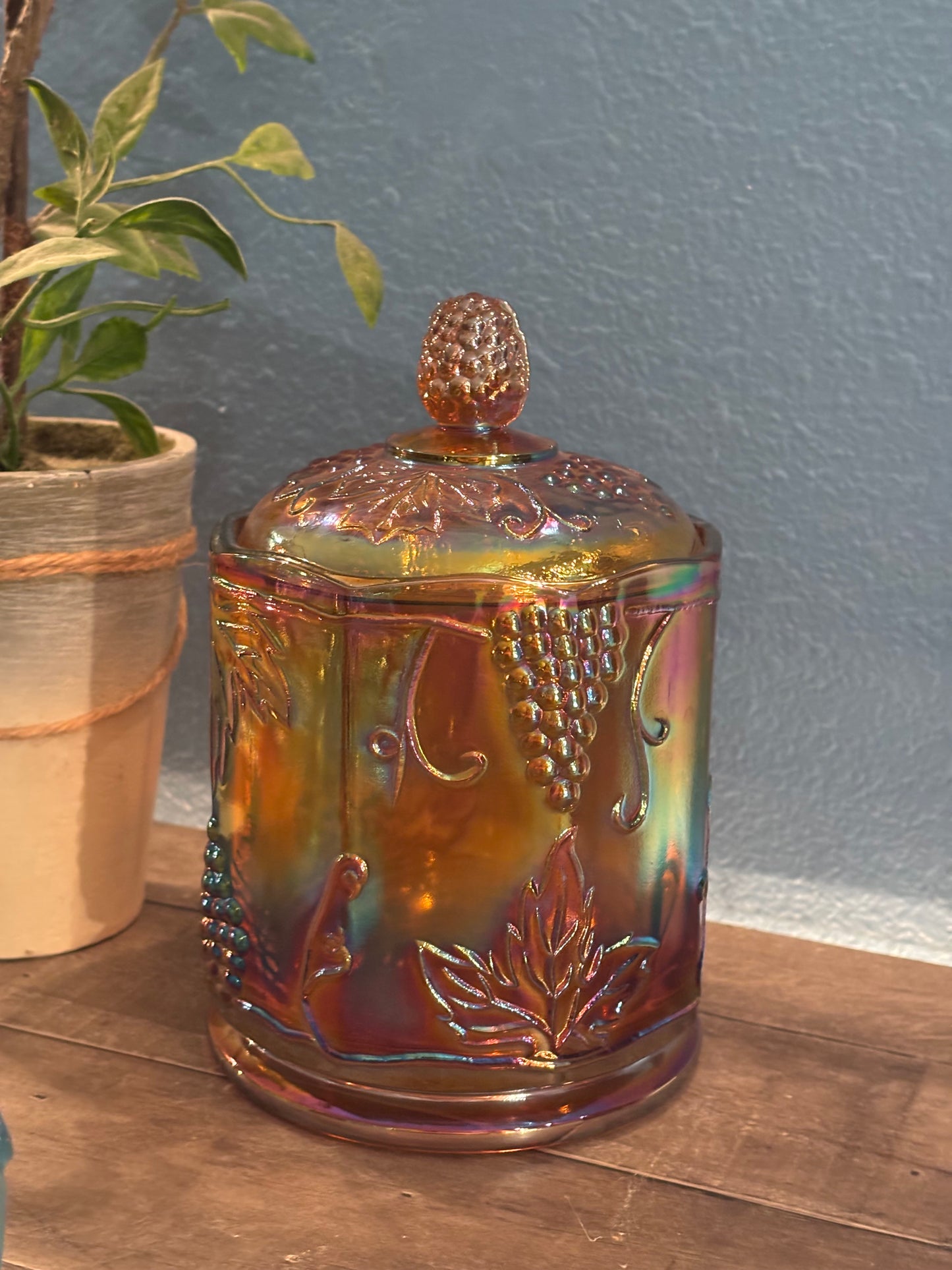 Vintage Iridescent Carnival Glass Canister Jar – Harvest Grape – 8" Tall