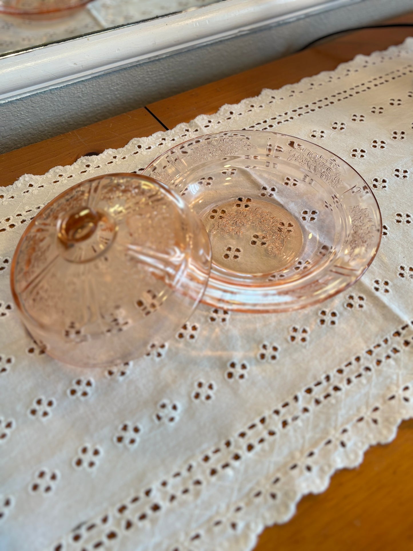 Vintage Pink Depression Glass Butter Dish with Lid – Floral Etched Design *