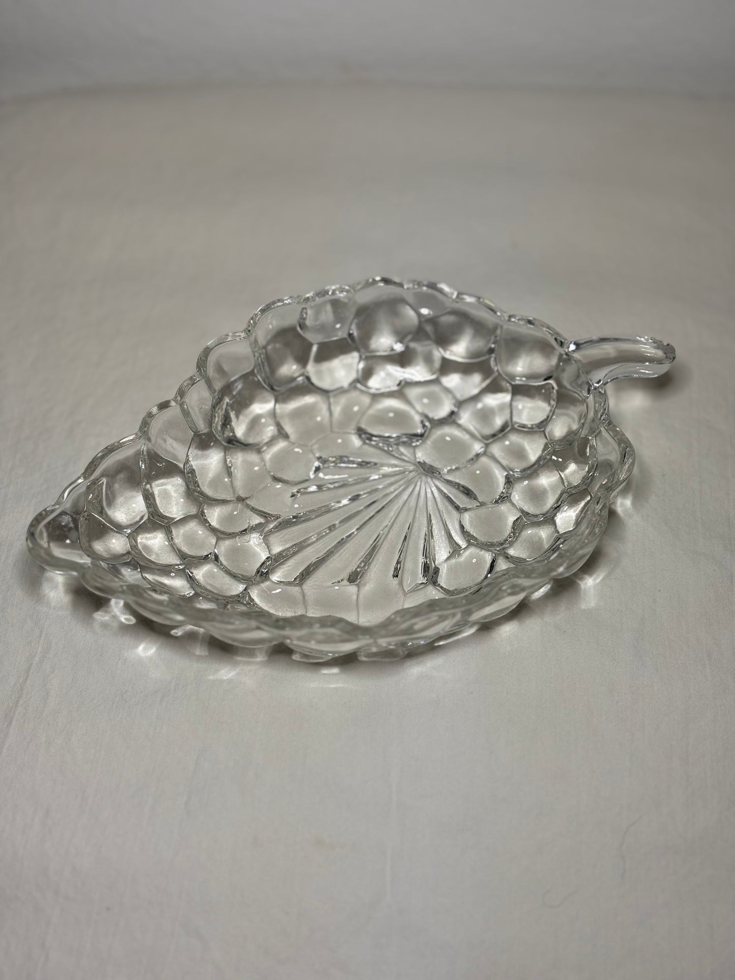 Vintage Pressed Glass Leaf Dish with Handle – 7” Candy or Relish Bowl
