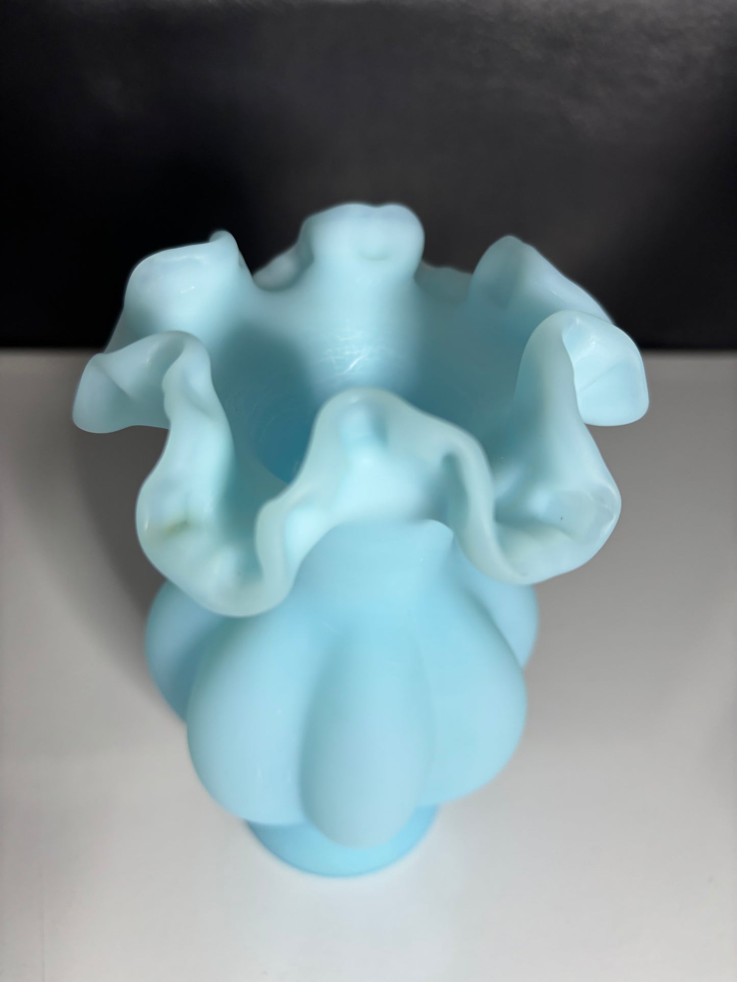 Vintage Fenton Style Blue Satin Glass Ruffled Vase – 6" Tall Melon Panel Design
