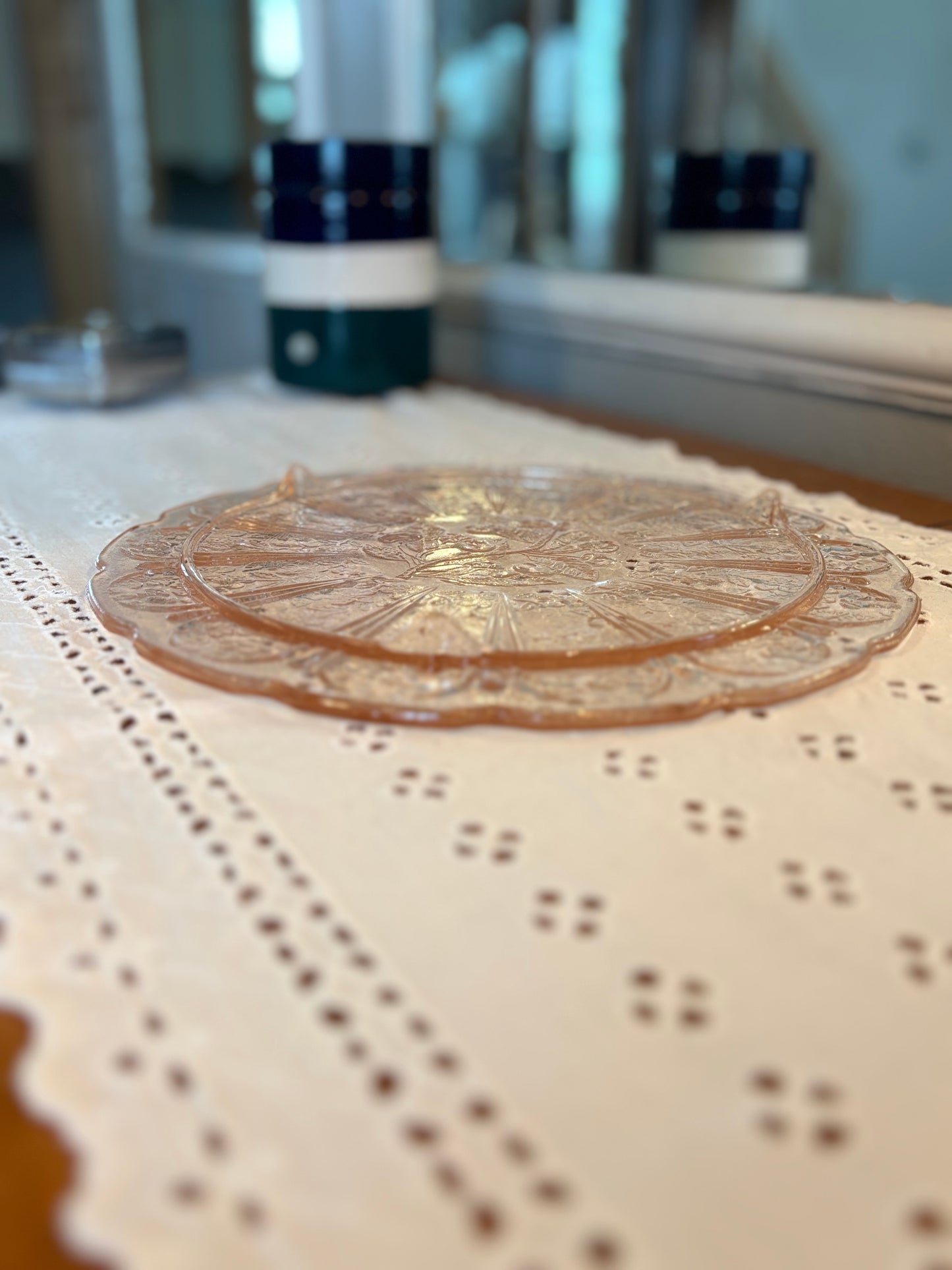 Vintage Pink Depression Glass Footed Cake Plate 10.5" Embossed Floral Design *