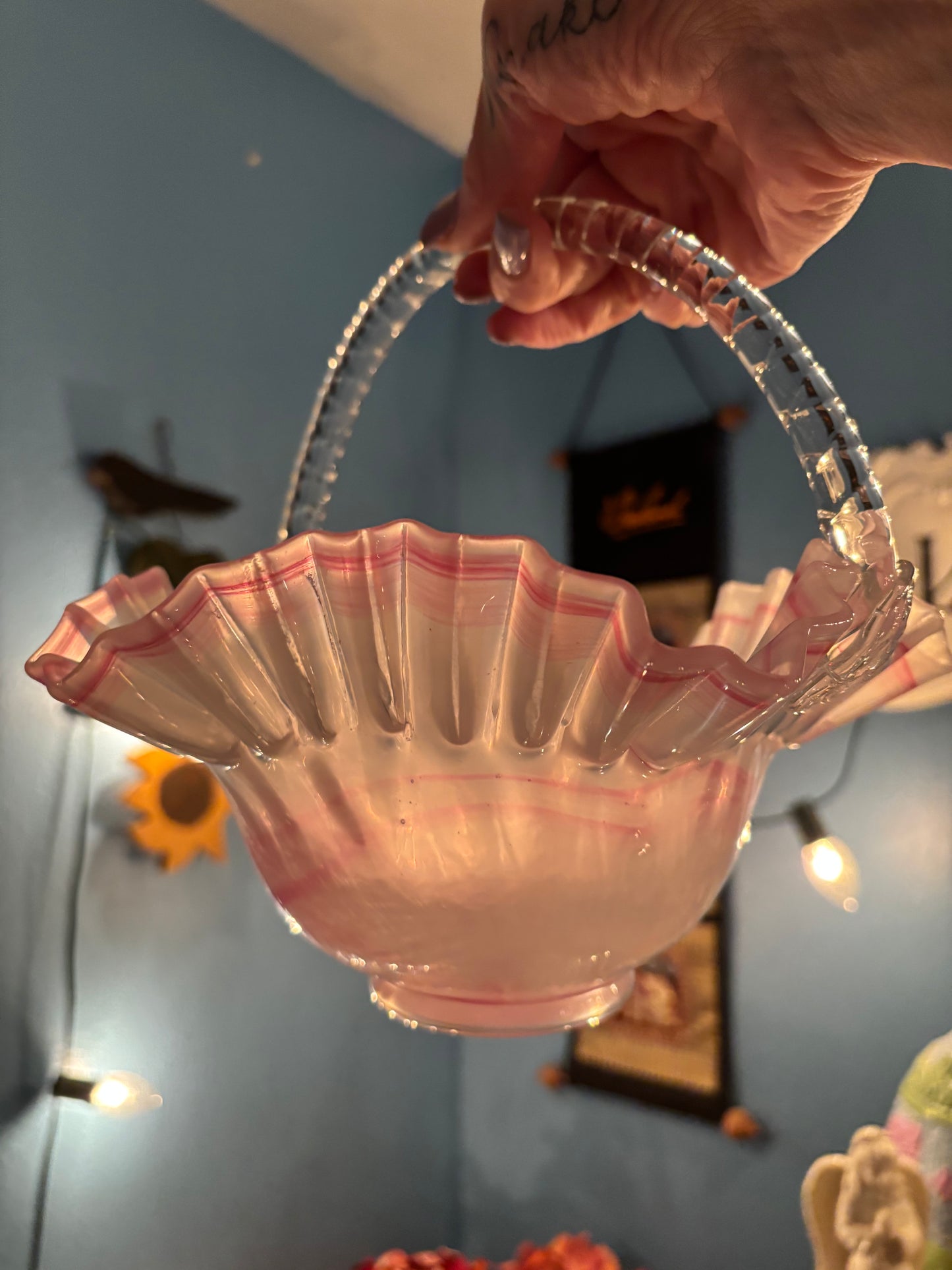 Vintage Pink Ruffled Glass Basket with Twisted Handle – 9”
