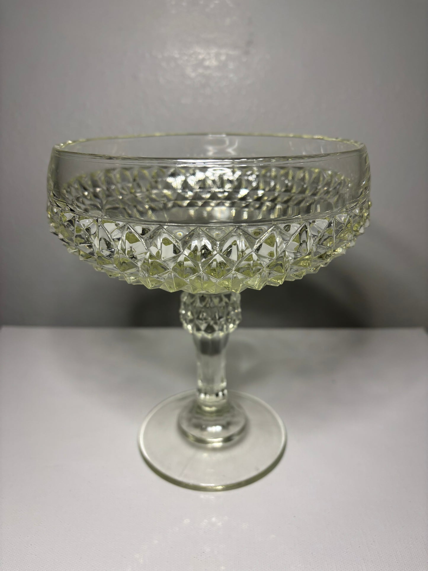 Vintage Pressed Glass Pedestal Compote – Diamond Point Bowl, 7.5" Tall