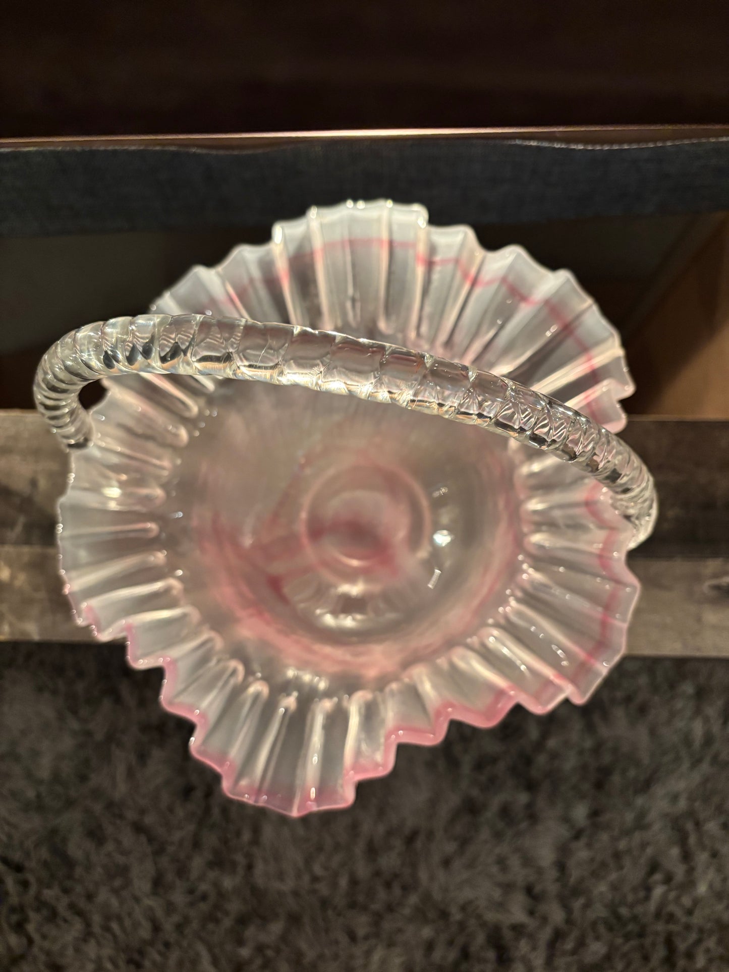 Vintage Pink Ruffled Glass Basket with Twisted Handle – 9”