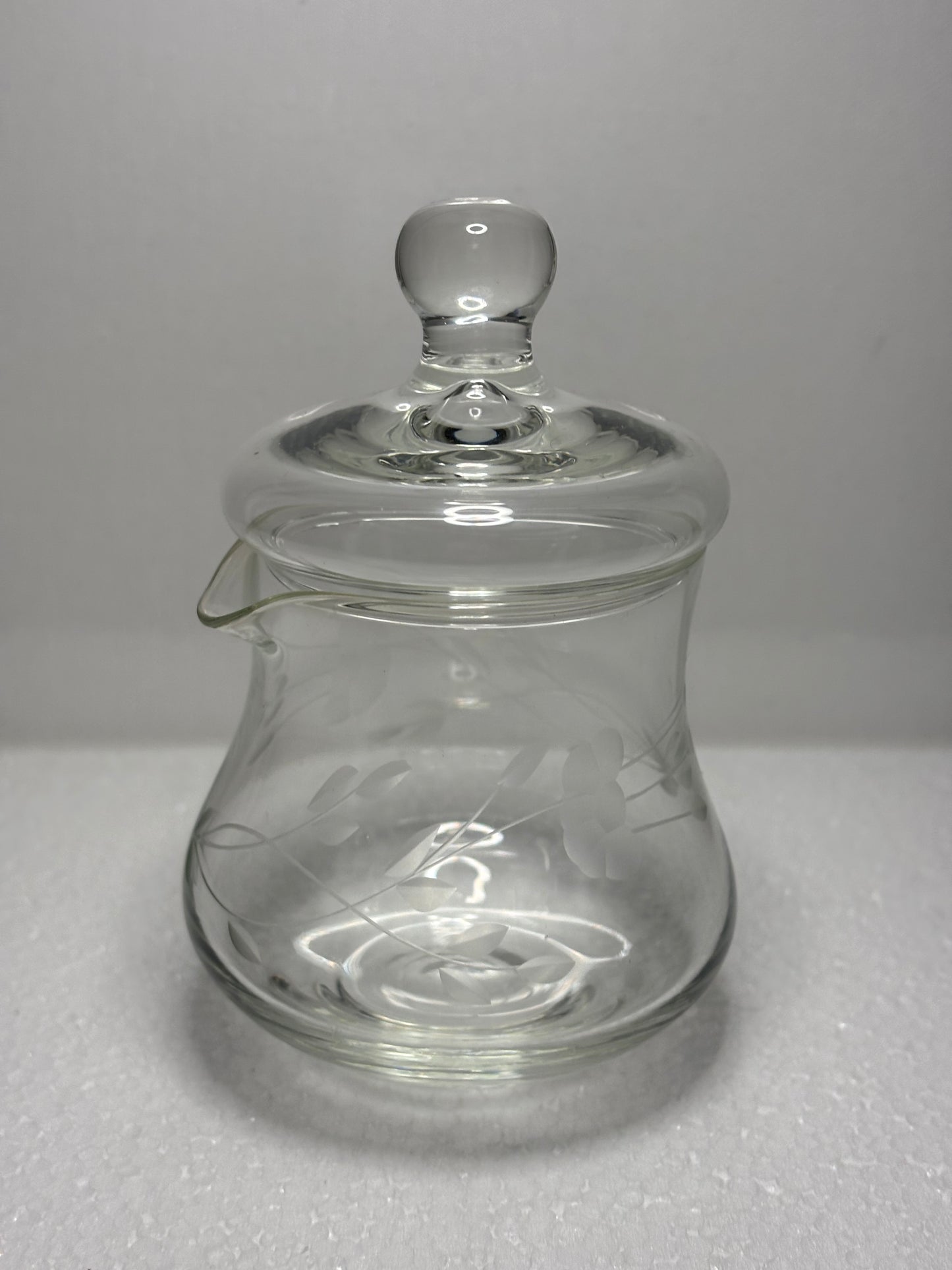 Vintage Etched Glass Condiment Jar with Lid – 4" Tall