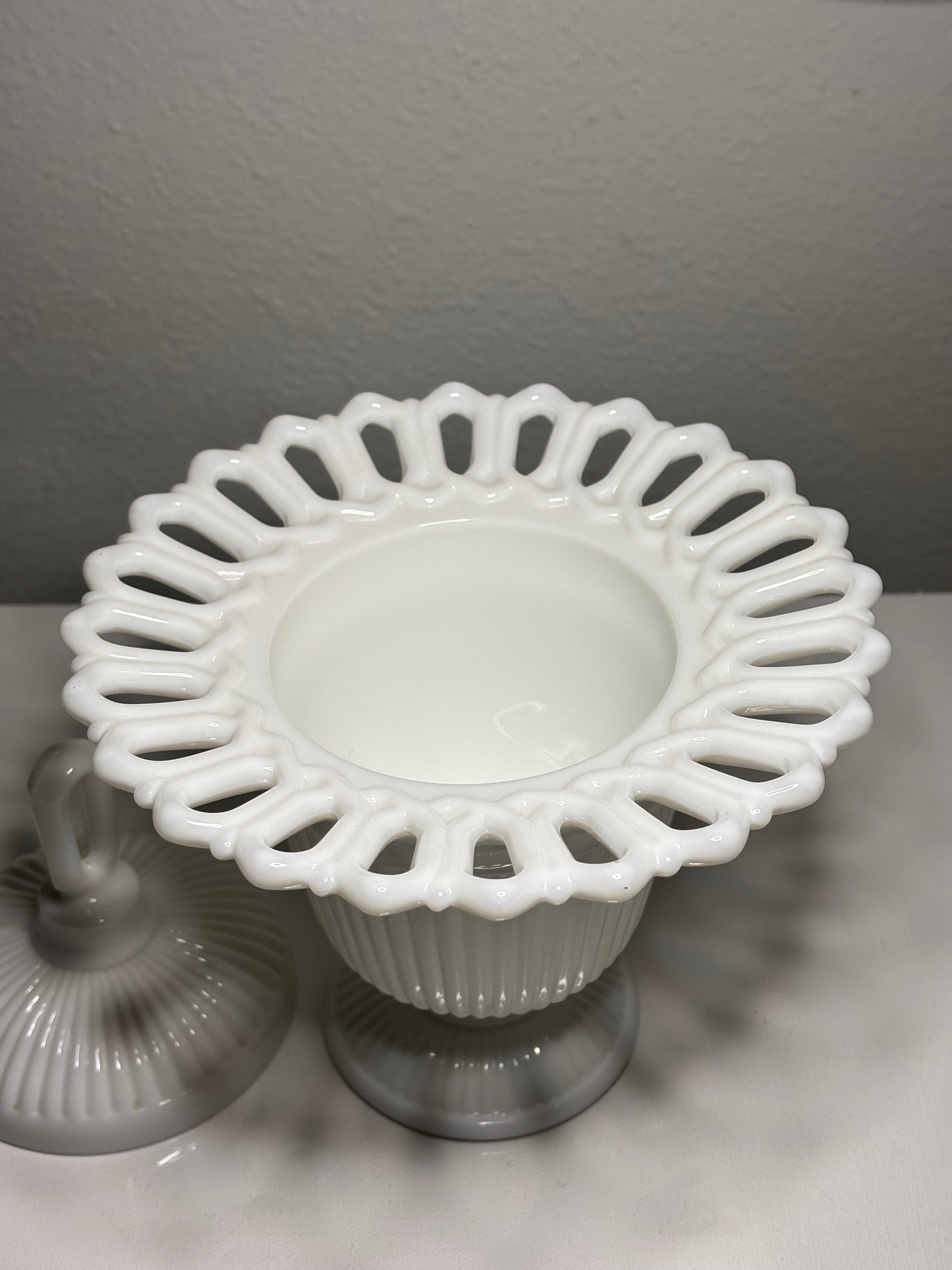 Vintage Milk Glass Lidded Compote with Open Lace Edge – 8" Tall