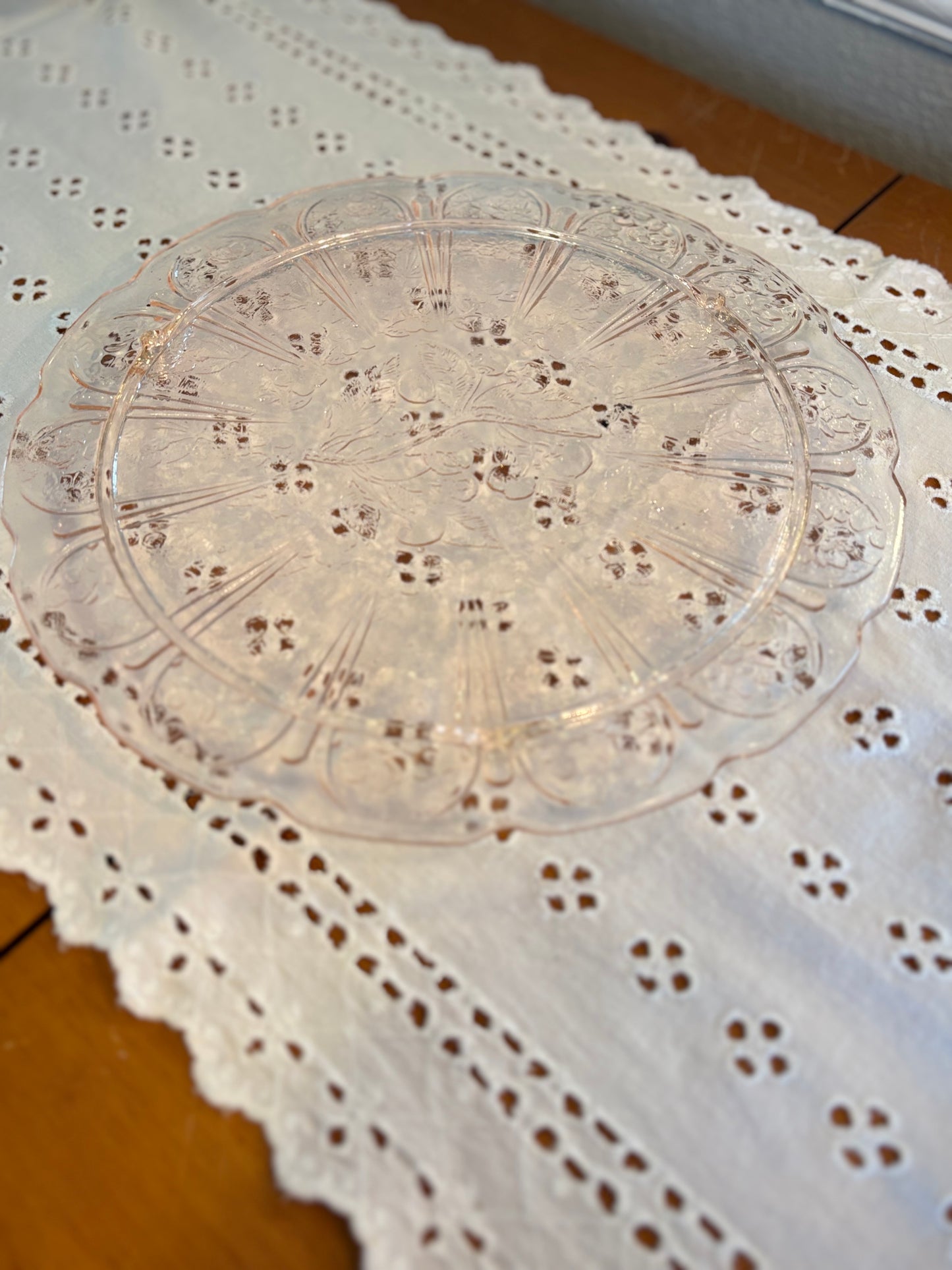 Vintage Pink Depression Glass Footed Cake Plate 10.5" Embossed Floral Design *