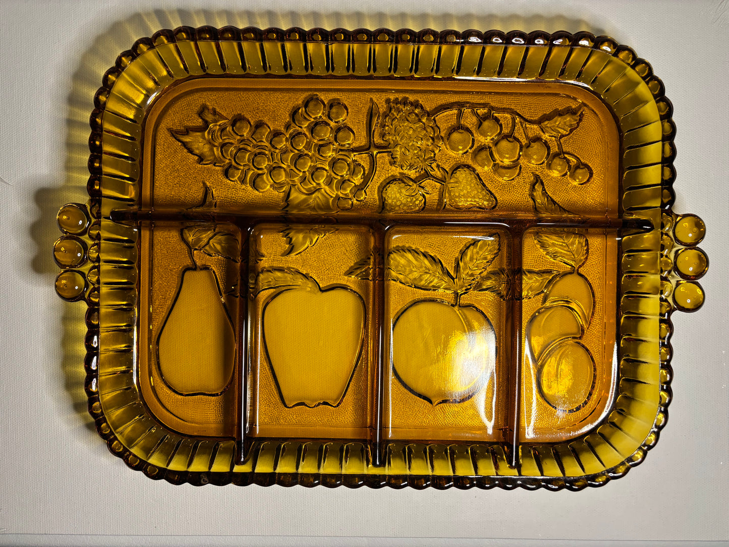 Vintage Amber Divided Glass Relish Tray – 12.5" Fruit Motif Serving Dish