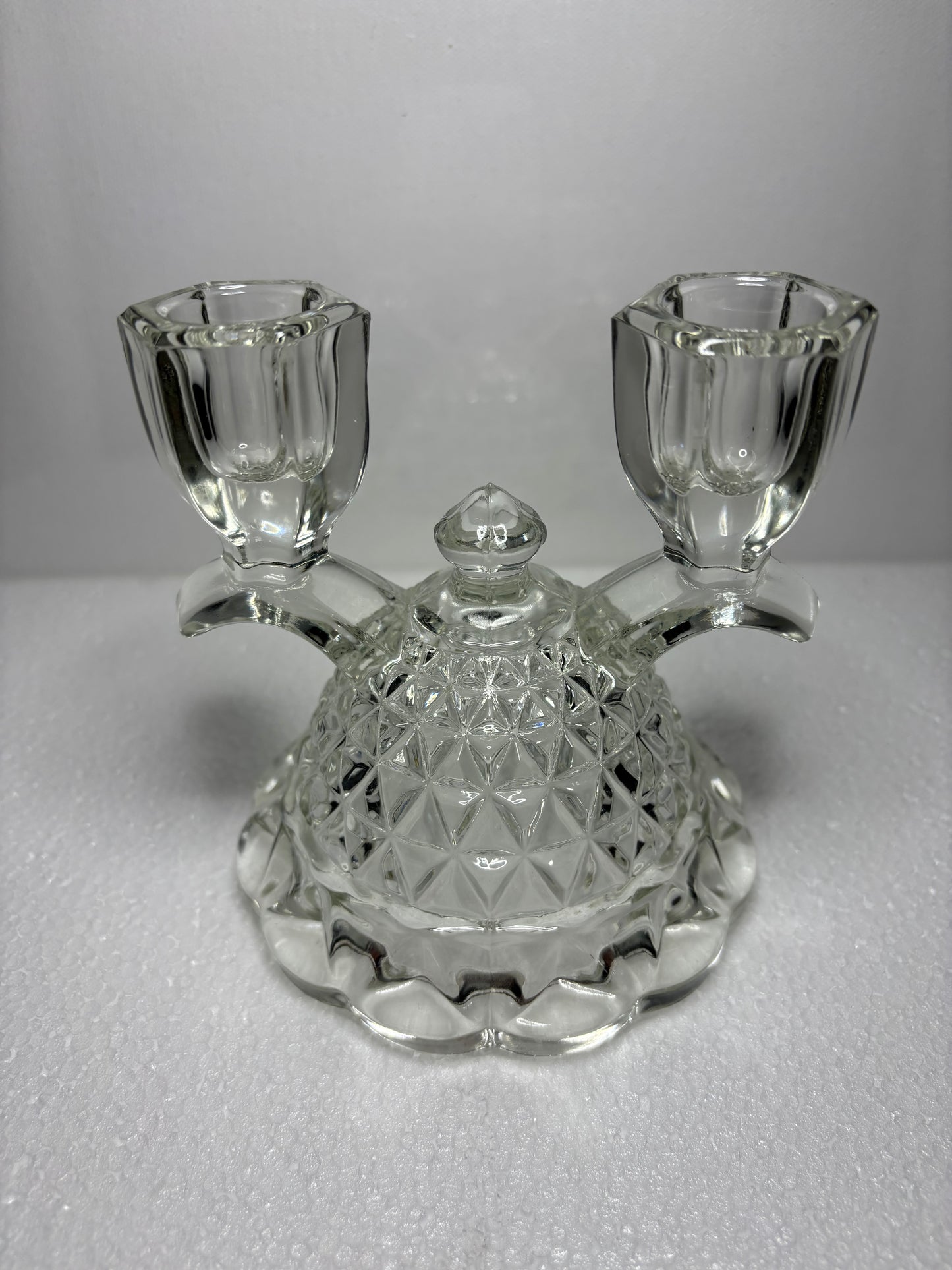 Vintage Pressed Glass Double Candle Holder – Diamond Dome Base, 4.5"