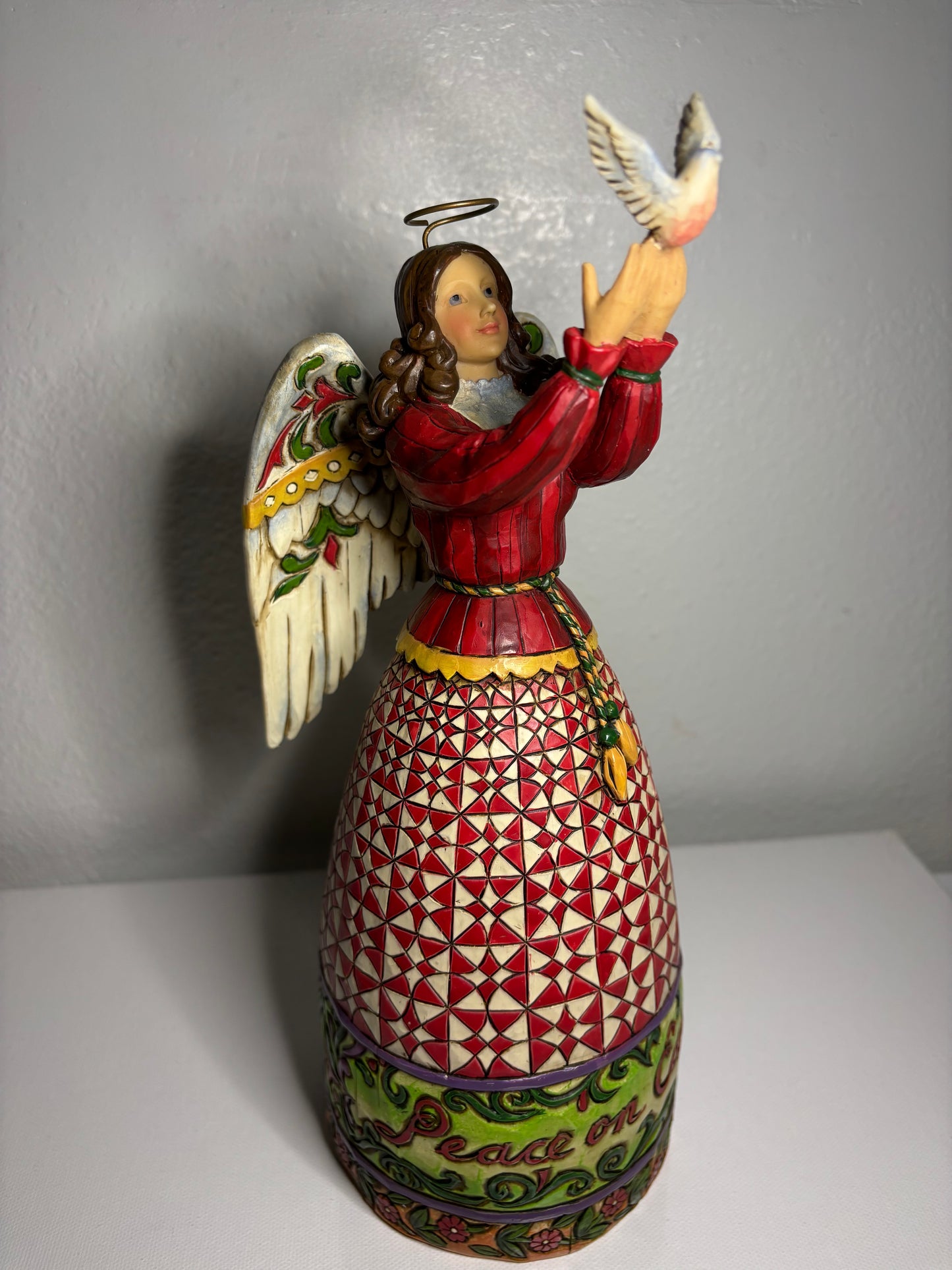 ✨ Peace on Earth Angel Figurine – Quilted Red Holiday Dress | 10” Tall