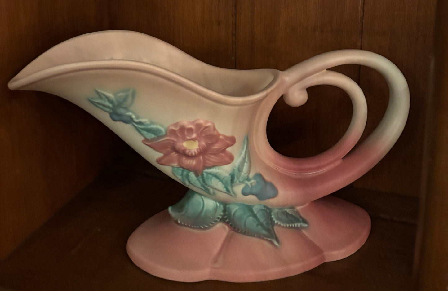 Roseville Style Art Pottery Cornucopia Vase – Pink & Yellow Floral | 11” Long