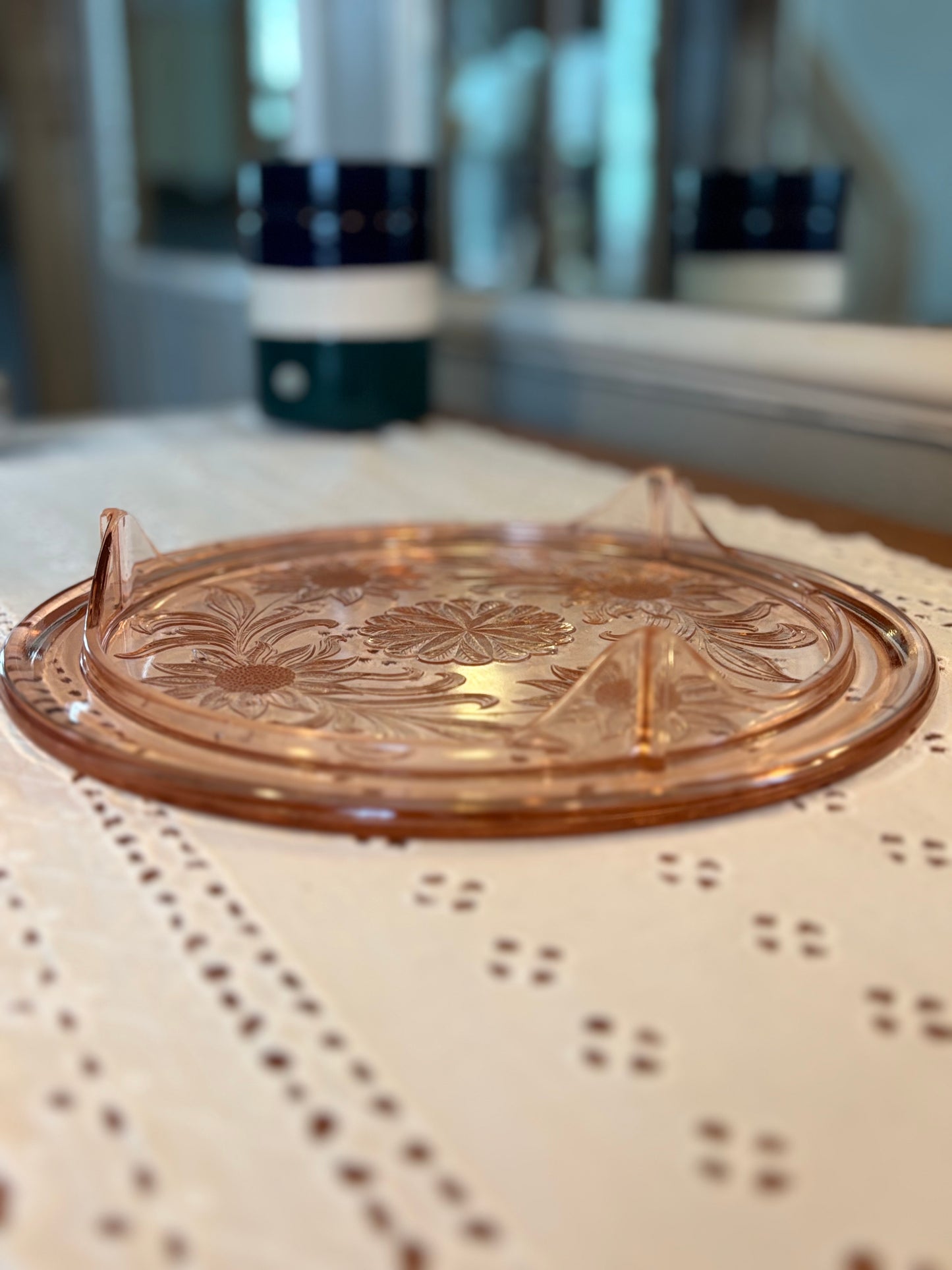 Vintage Pink Depression Glass Footed Cake Plate – Etched Floral Design *