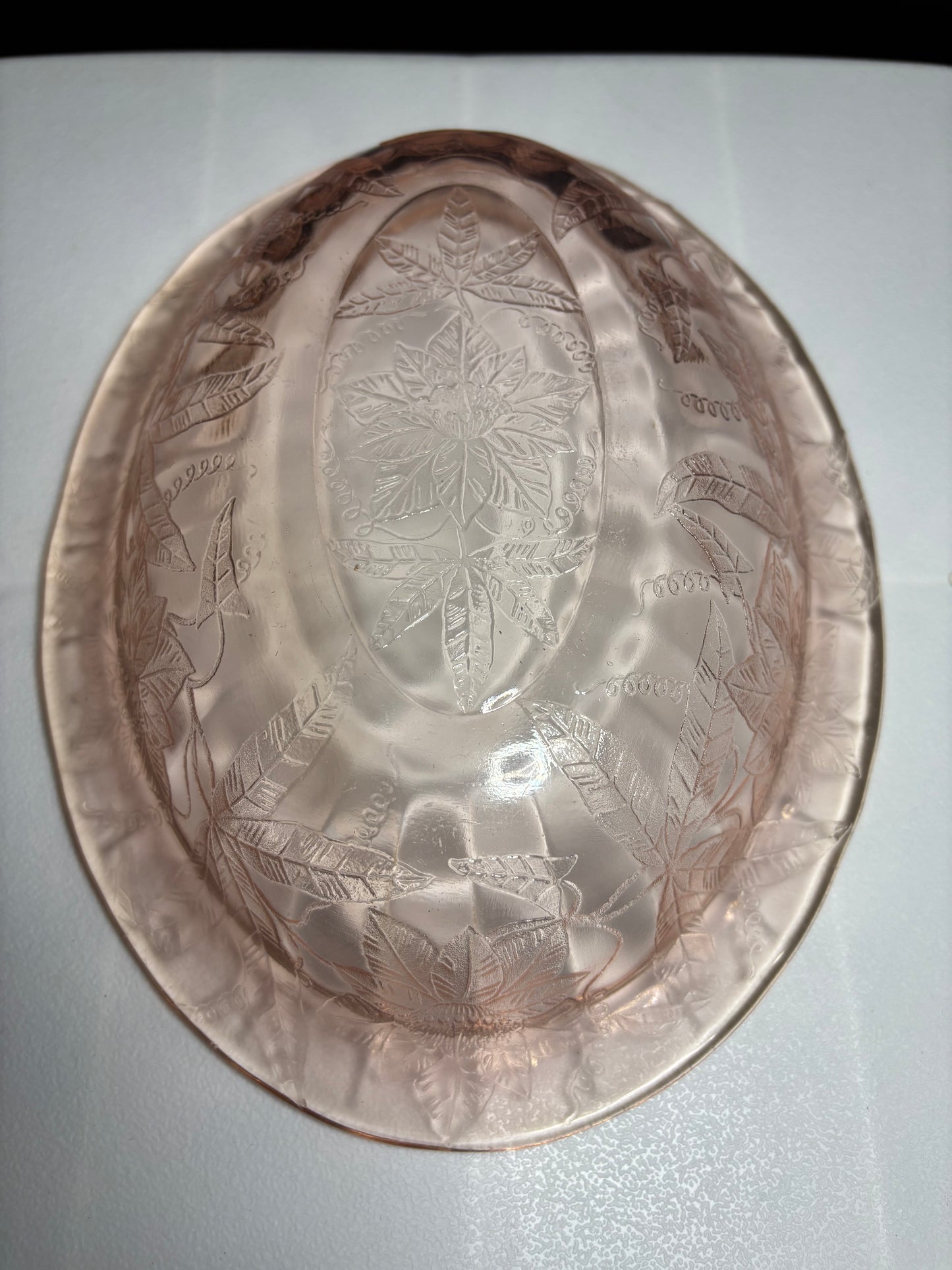 Vintage Pink Depression Glass Oval Serving Bowl – Etched Floral, 9" x 7"