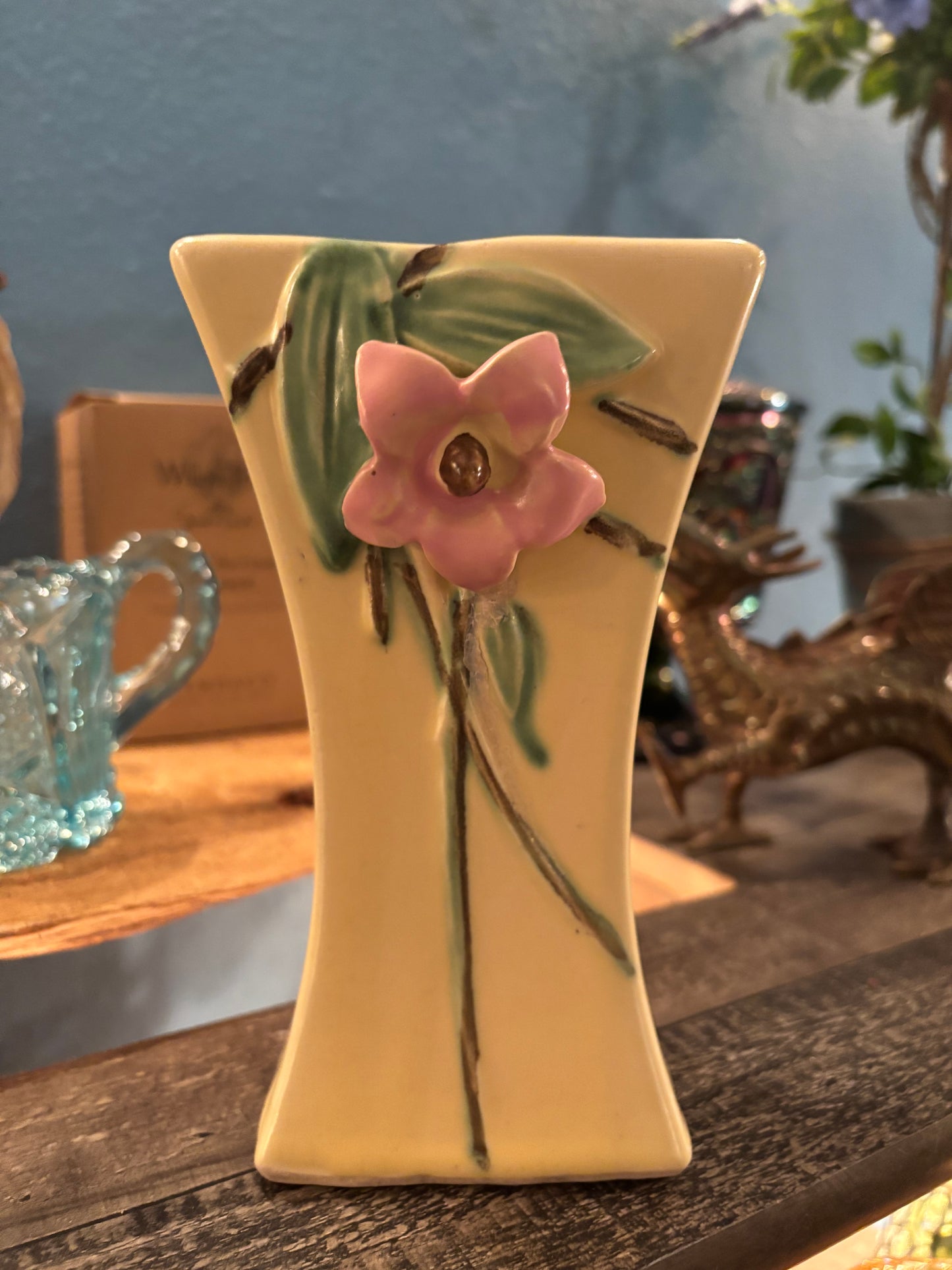 Vintage Art Pottery Bud Vase – Pink Flower Relief on Soft Yellow | 6.5” Tall