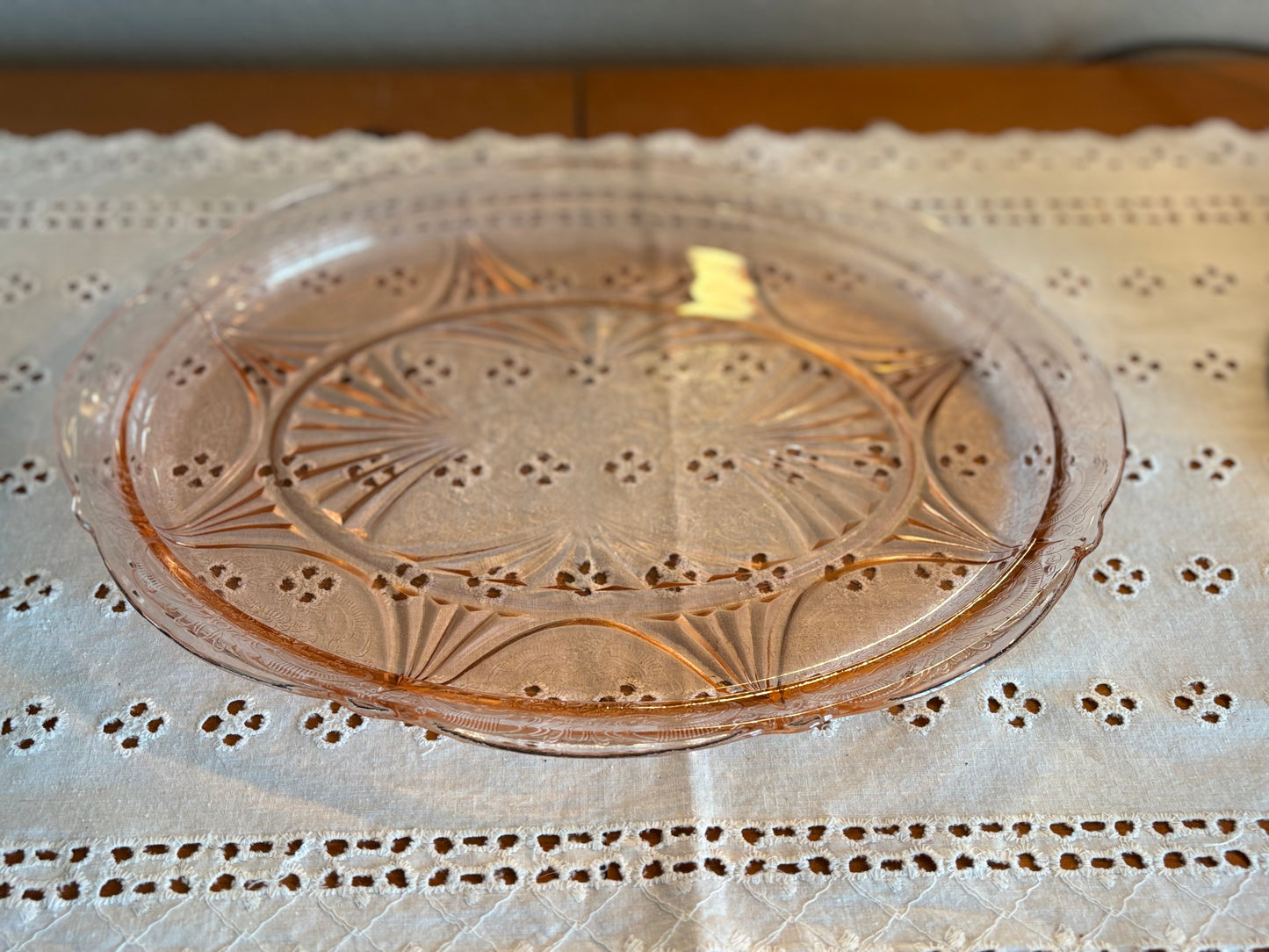 Vintage Pink Depression Glass Etched Floral Serving Tray – Art Deco Sunburst Design *