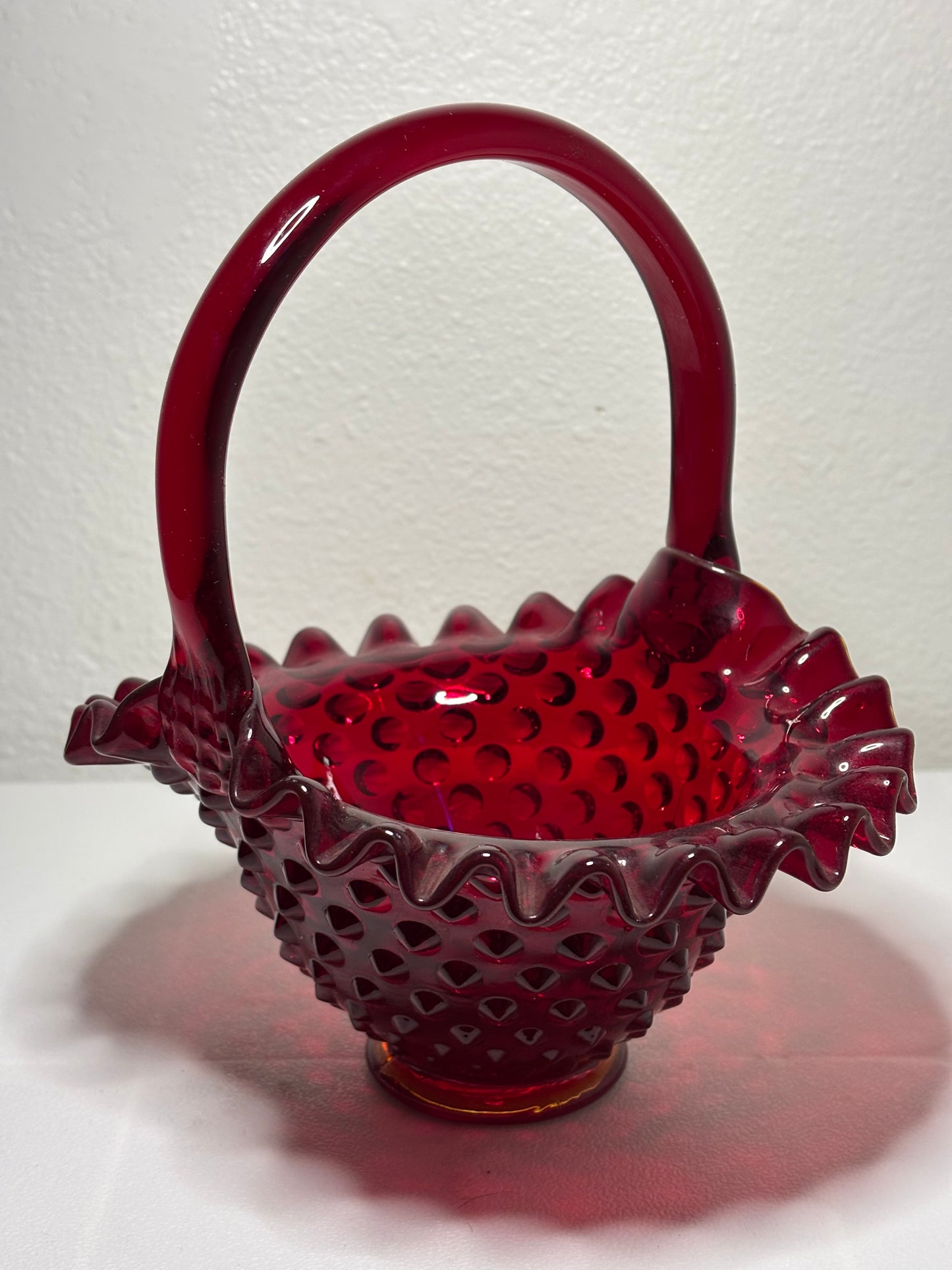 Vintage Ruby Red Hobnail Glass Basket – Ruffled Edge – Fenton Style