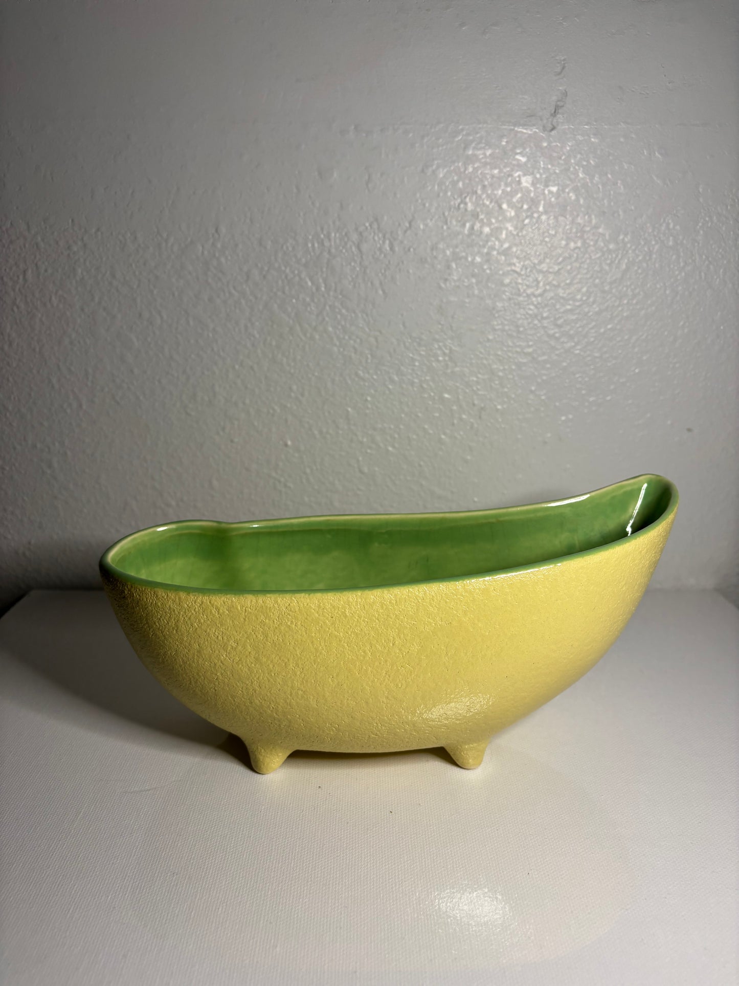 Mid-Century Modern Planter Bowl – Textured Yellow with Glossy Green Interior | 9” Long