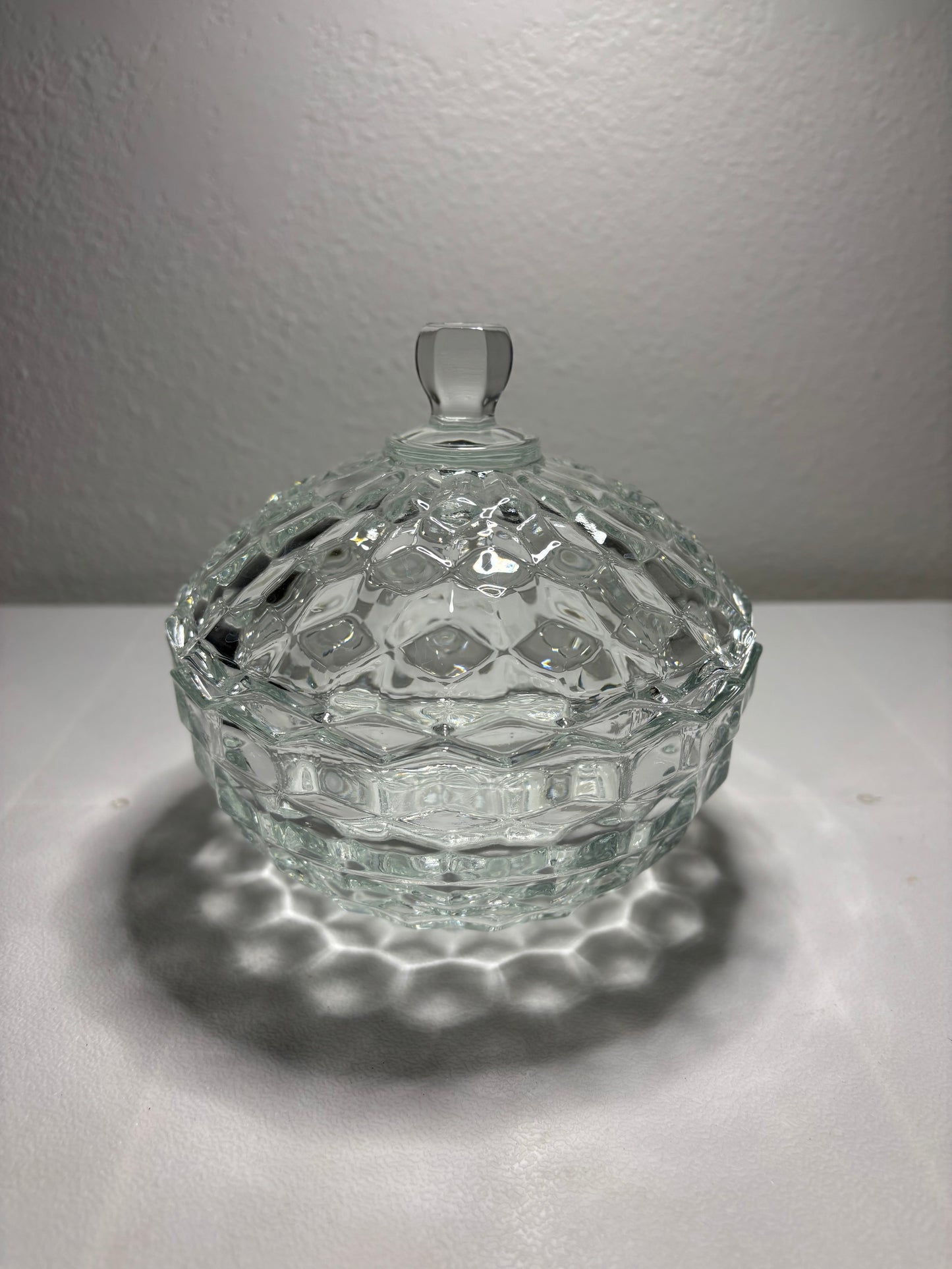 Vintage Lidded Pressed Glass Candy Dish – 6” Tall – Diamond Pattern