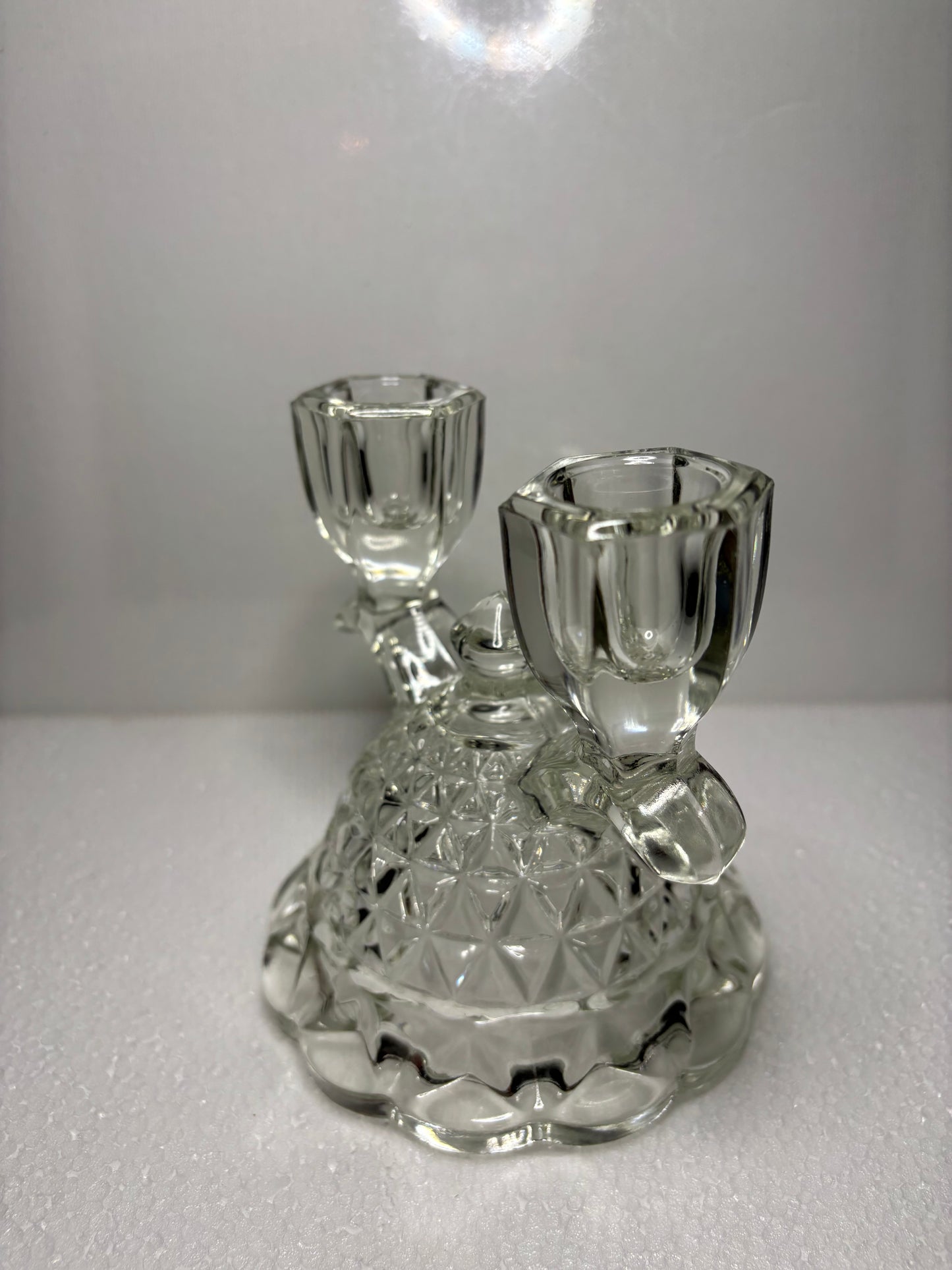 Vintage Pressed Glass Double Candle Holder – Diamond Dome Base, 4.5"