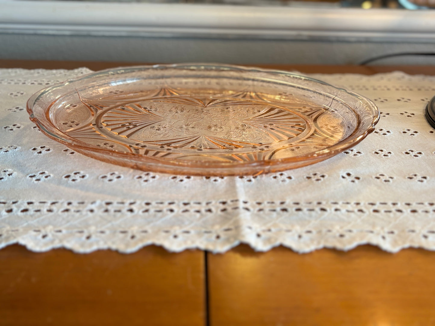 Vintage Pink Depression Glass Etched Floral Serving Tray – Art Deco Sunburst Design *