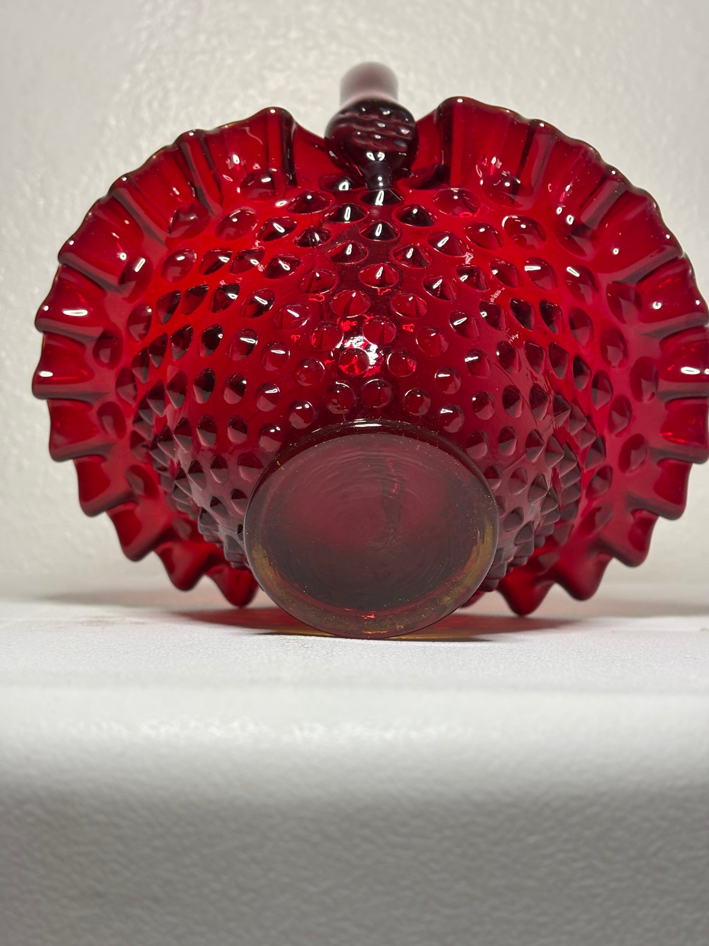 Vintage Ruby Red Hobnail Glass Basket – Ruffled Edge – Fenton Style