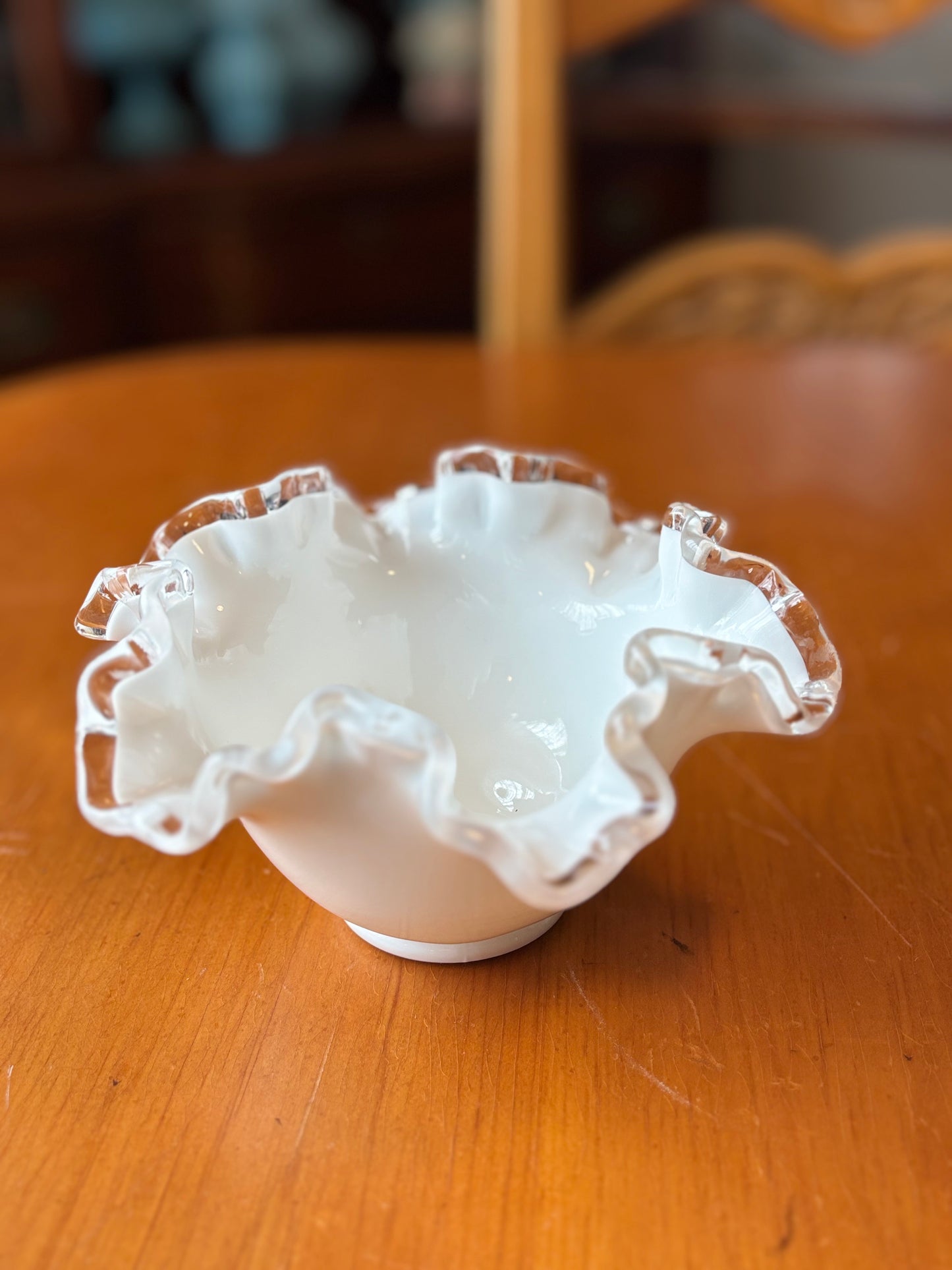 Vintage Fenton Milk Glass Ruffled Bowl – 7" Silver Crest Crimped Edge *