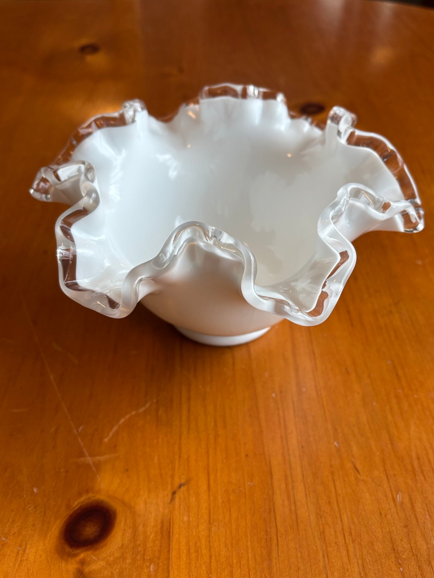 Vintage Fenton Milk Glass Ruffled Bowl – 7" Silver Crest Crimped Edge *