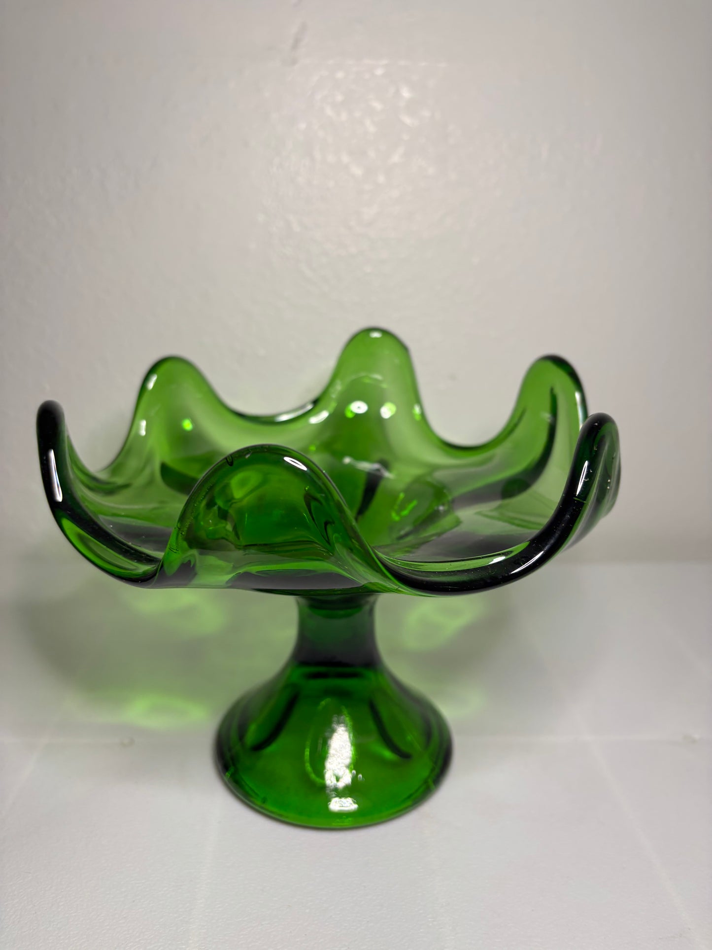 Vintage Green Glass Compote & Plate Set – Mid-Century Pedestal Bowl & Etched Plate