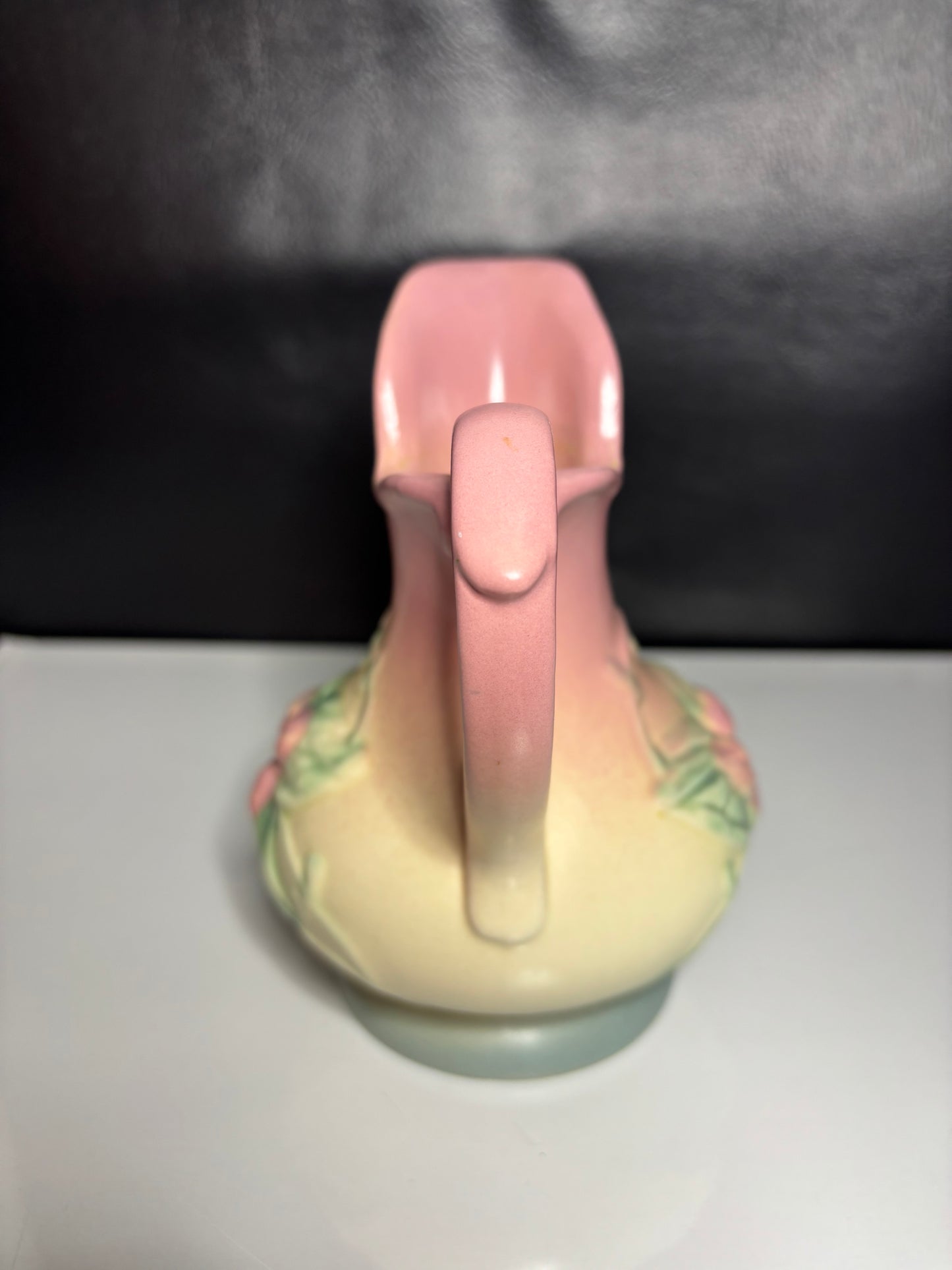Vintage Roseville Style Pink & Cream Floral Embossed Ewer Vase – 6” Tall