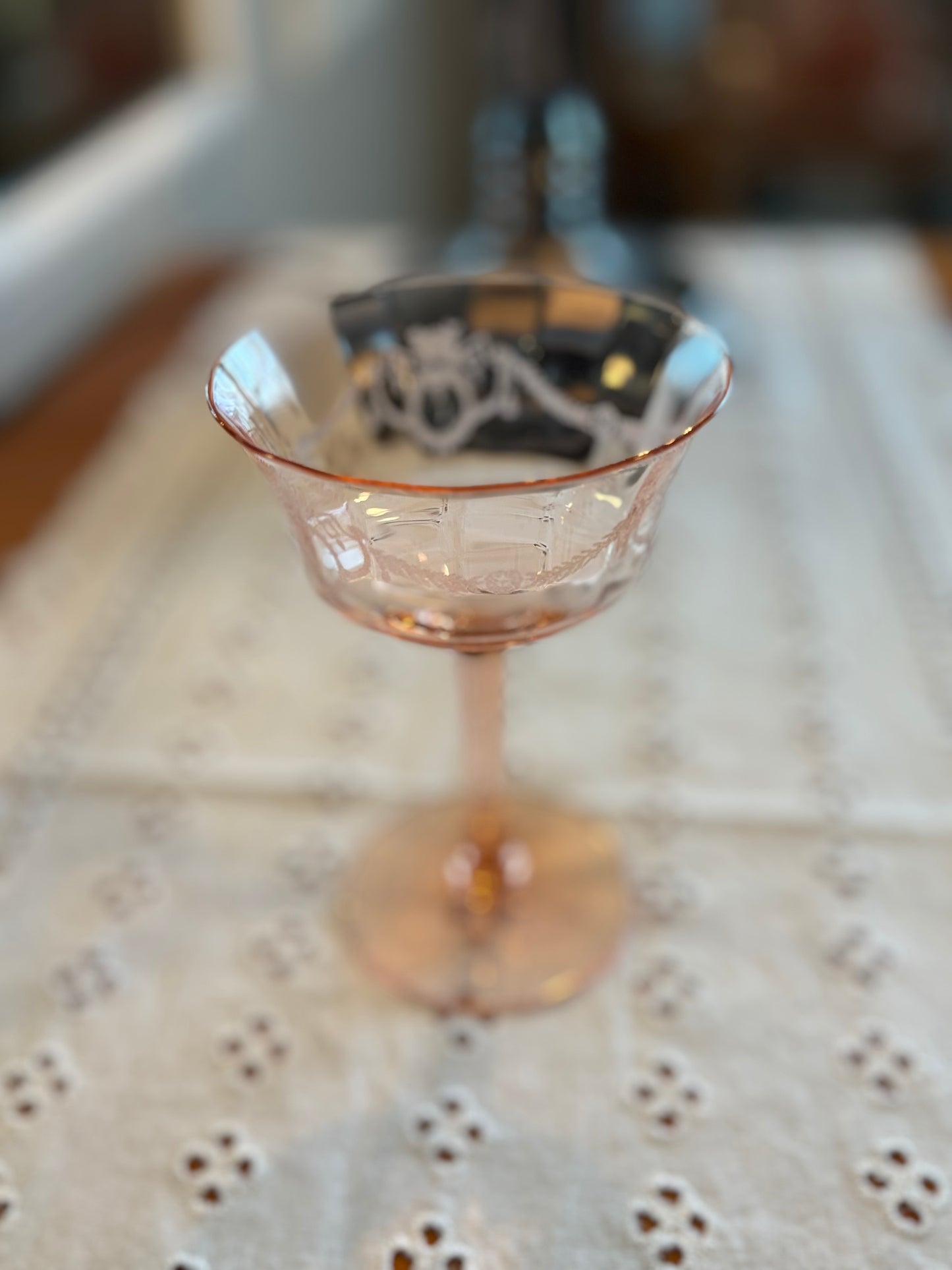 Vintage Pink Depression Glass Etched Stemmed Sherbet Glass – Floral Design *