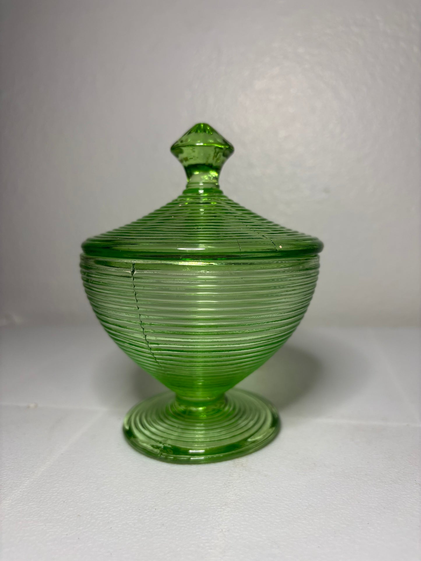 Vintage Green Ribbed Glass Candy Dish with Lid – 5" Tall