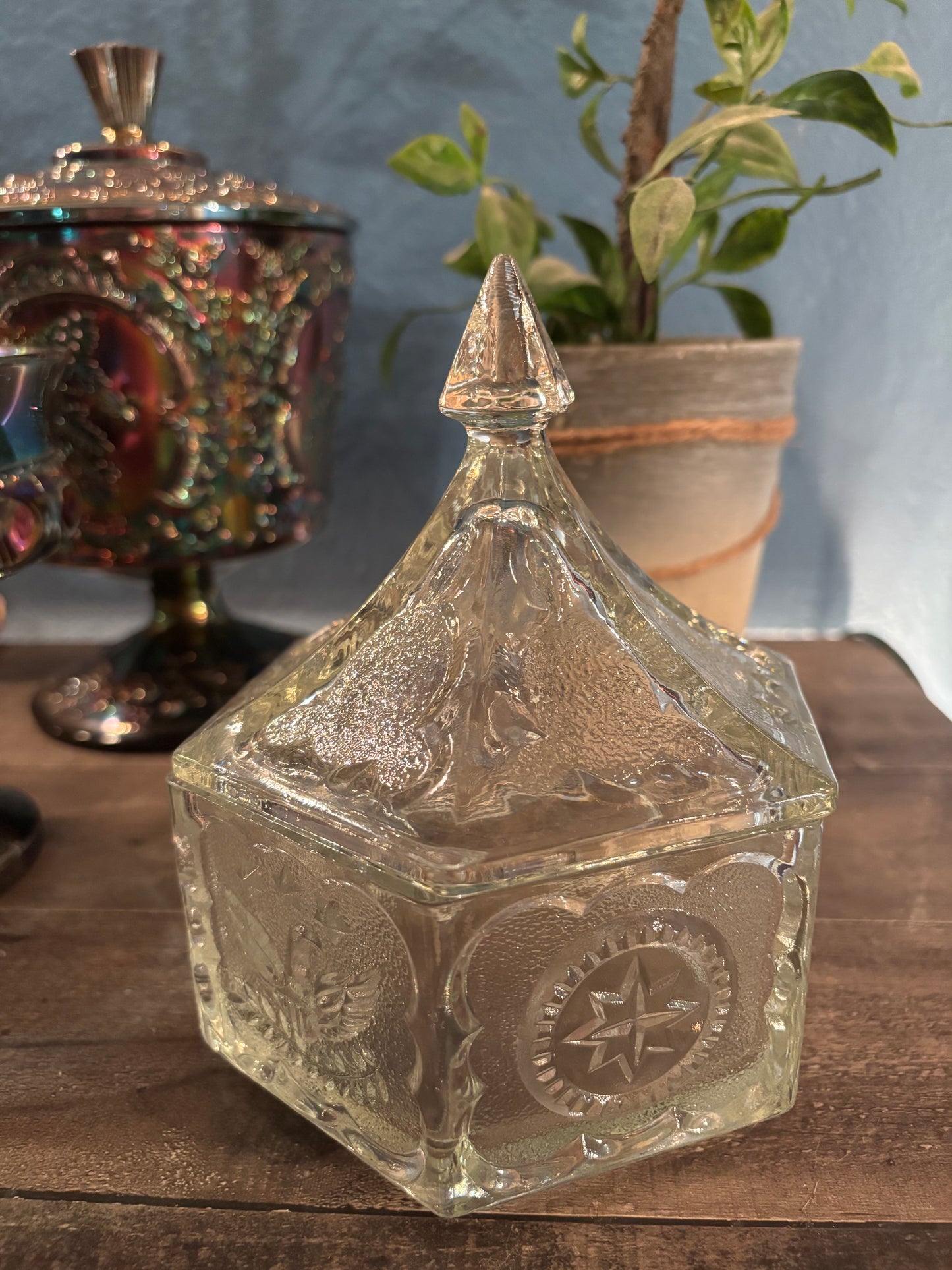Pressed Glass Hexagonal Trinket Box with Lid – Vintage Star & Leaf Pattern | 6” Tall