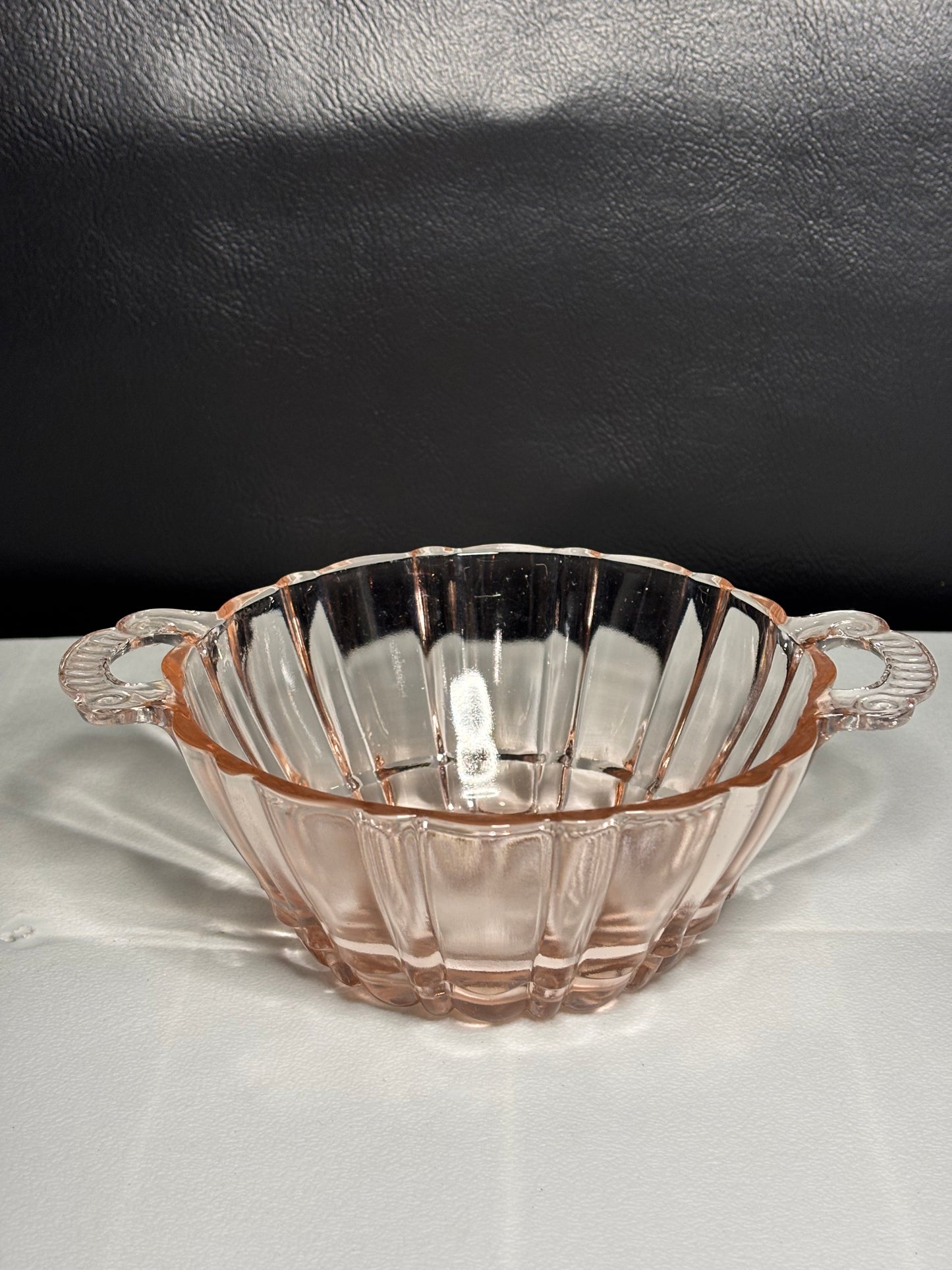 Vintage Pink Depression Glass Handled Bowl – Paneled Design, 1930s Era