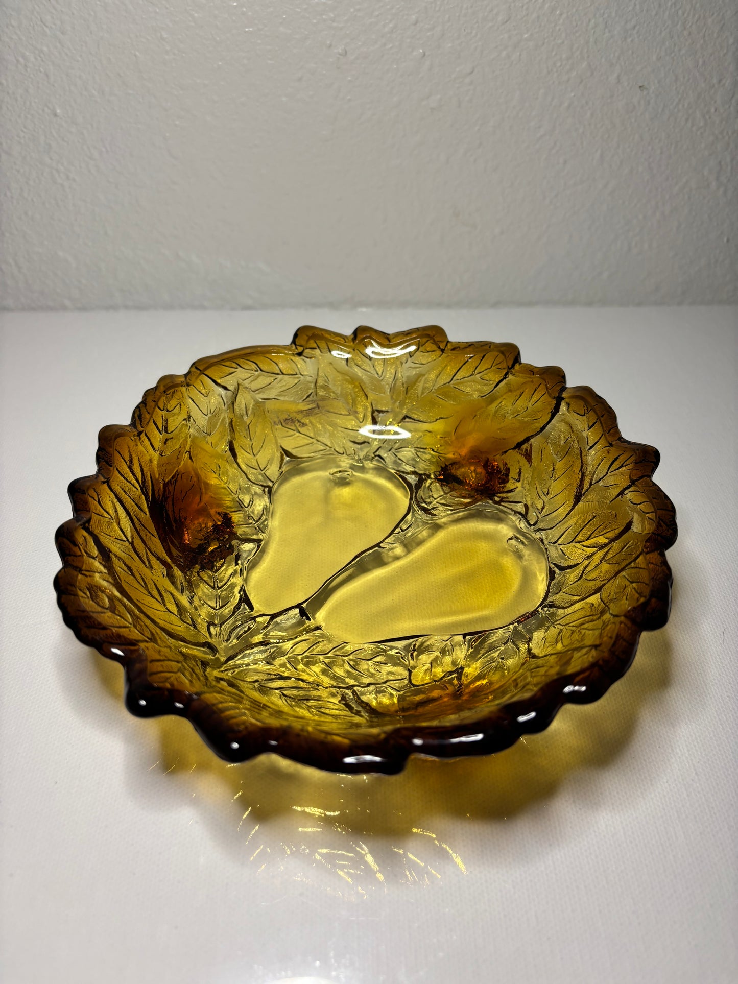 Vintage Amber Glass Leaf Dish with Pear Motif – 6.5”