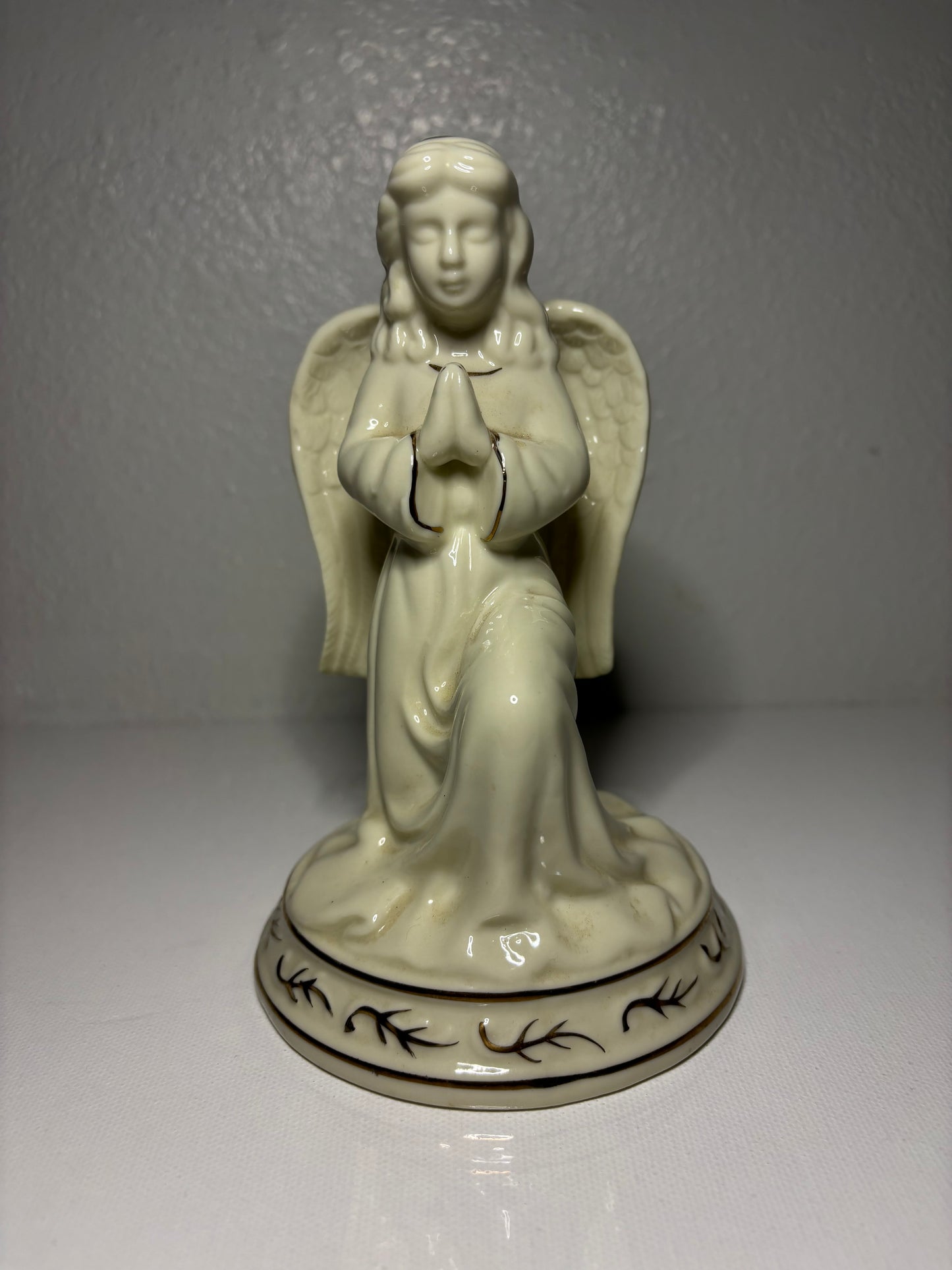 Vintage Porcelain Kneeling Angel Figurine – Ivory with Hand-Painted Accents | 7” Tall