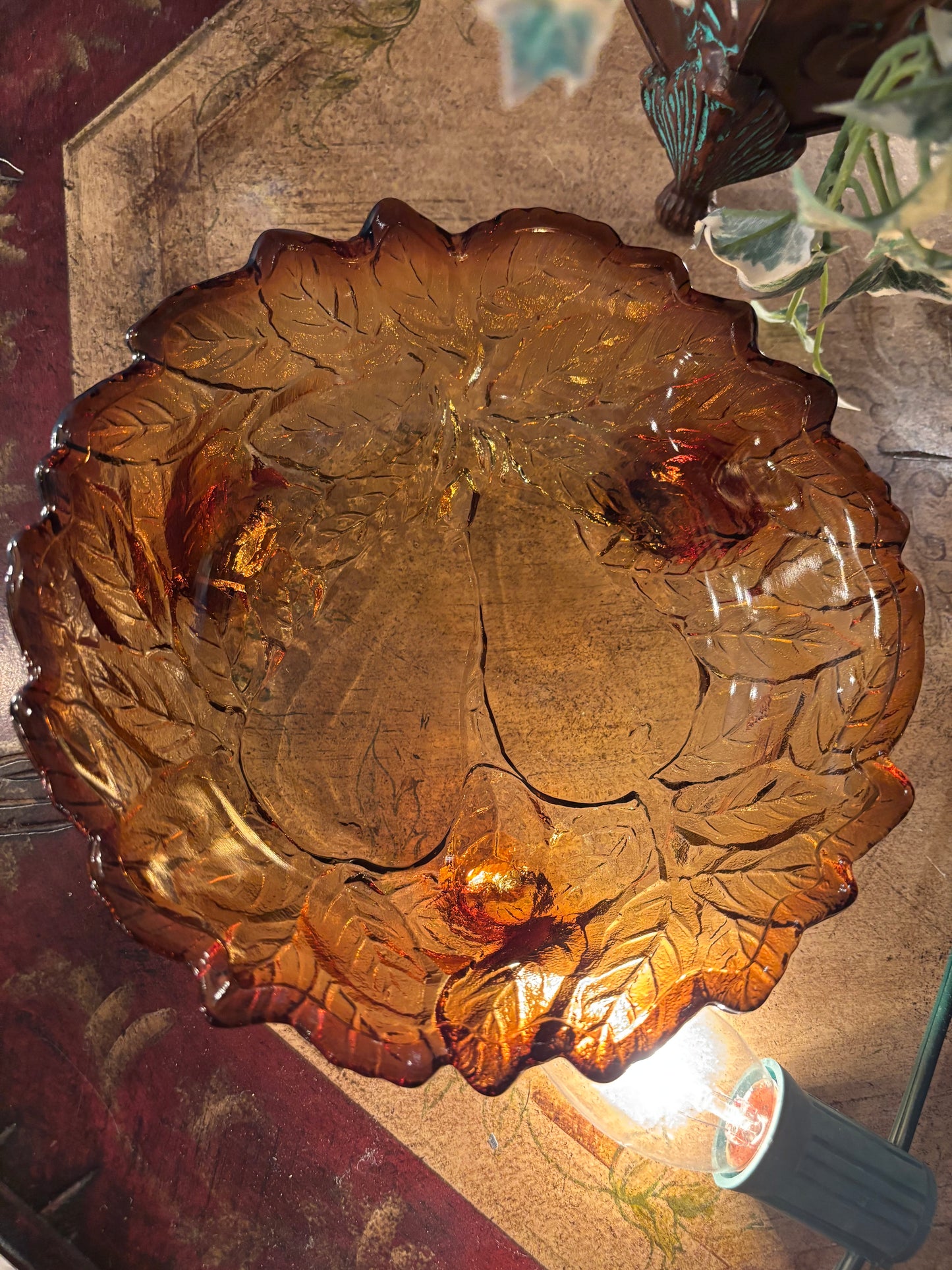 Vintage Amber Glass Leaf Dish with Pear Motif – 6.5”