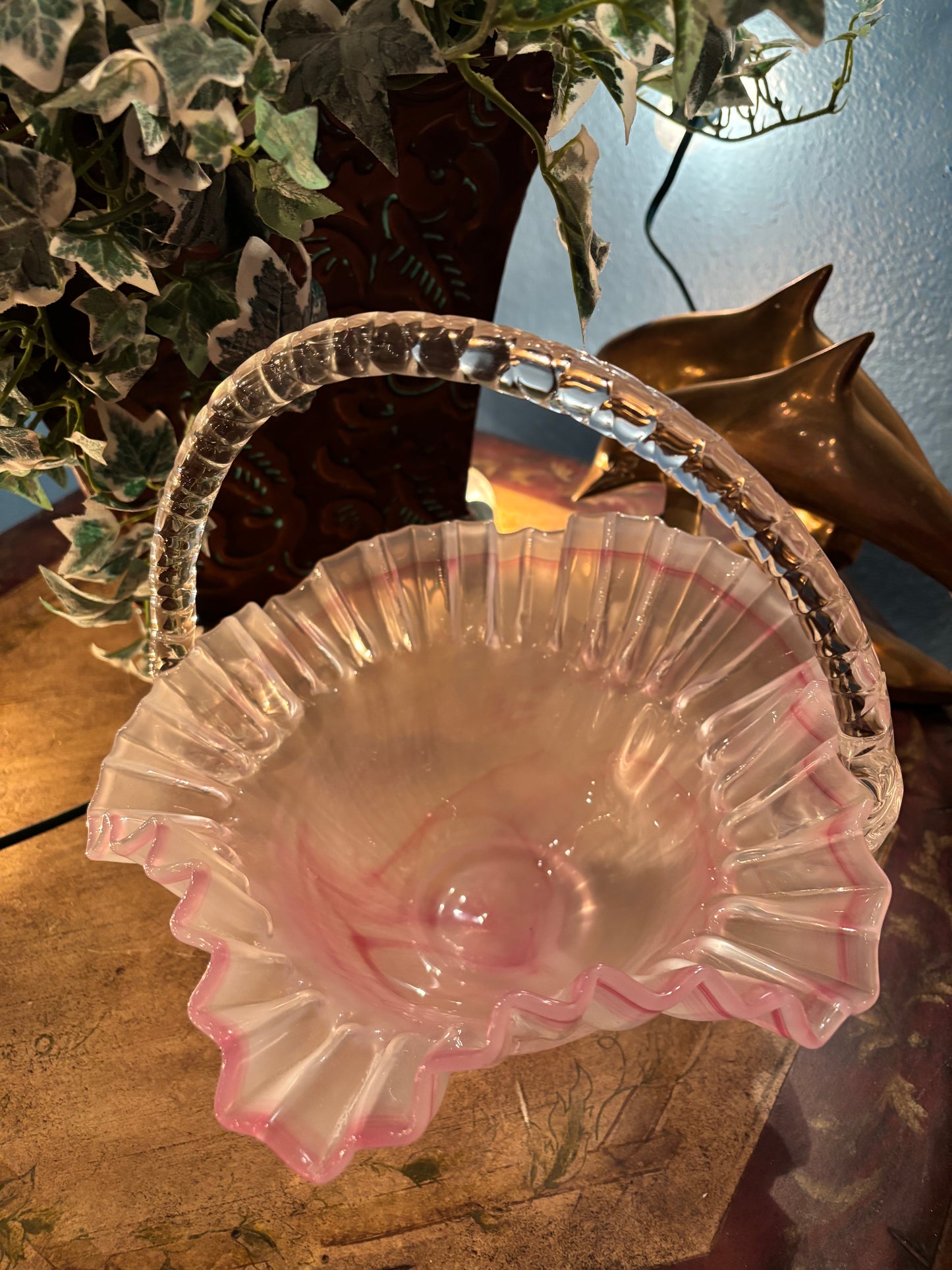 Vintage Pink Ruffled Glass Basket with Twisted Handle – 9”