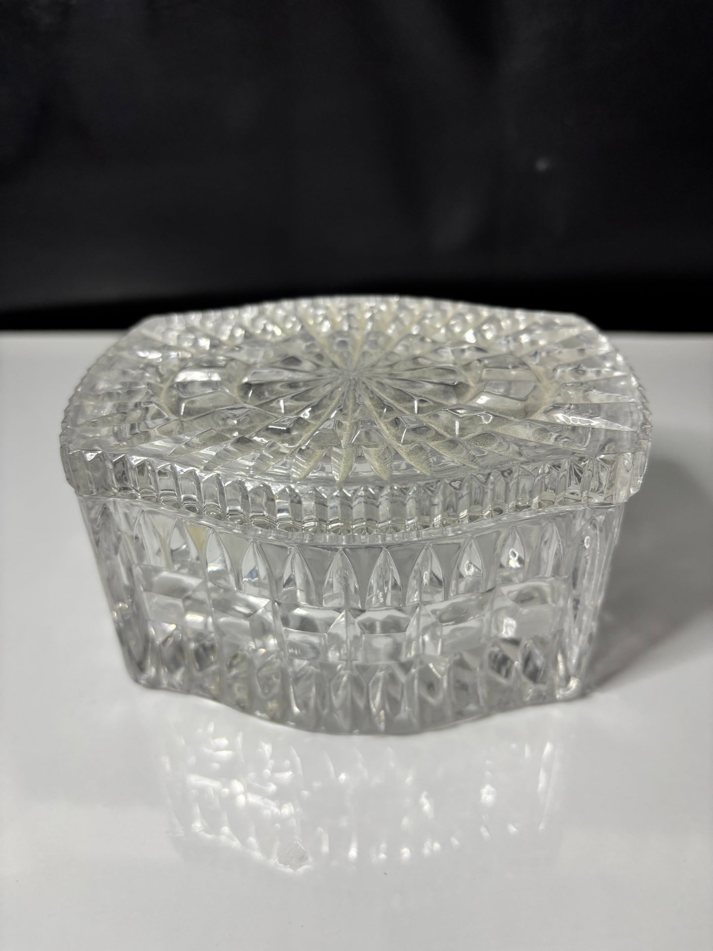 Vintage Pressed Glass Trinket Box with Starburst Lid – 4" x 3" x 2.5"