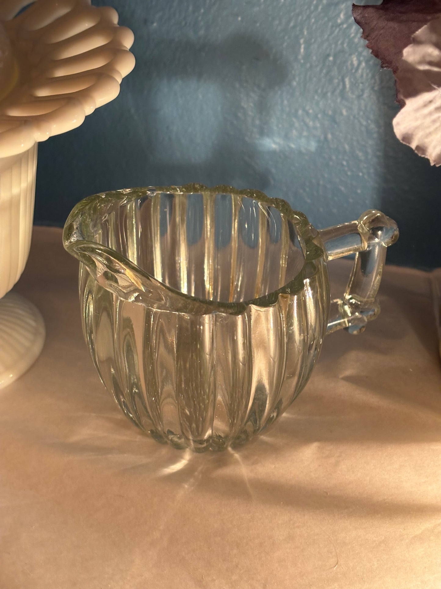 Vintage Ribbed Glass Creamer with Art Deco Handle – 4.5" x 3.5"