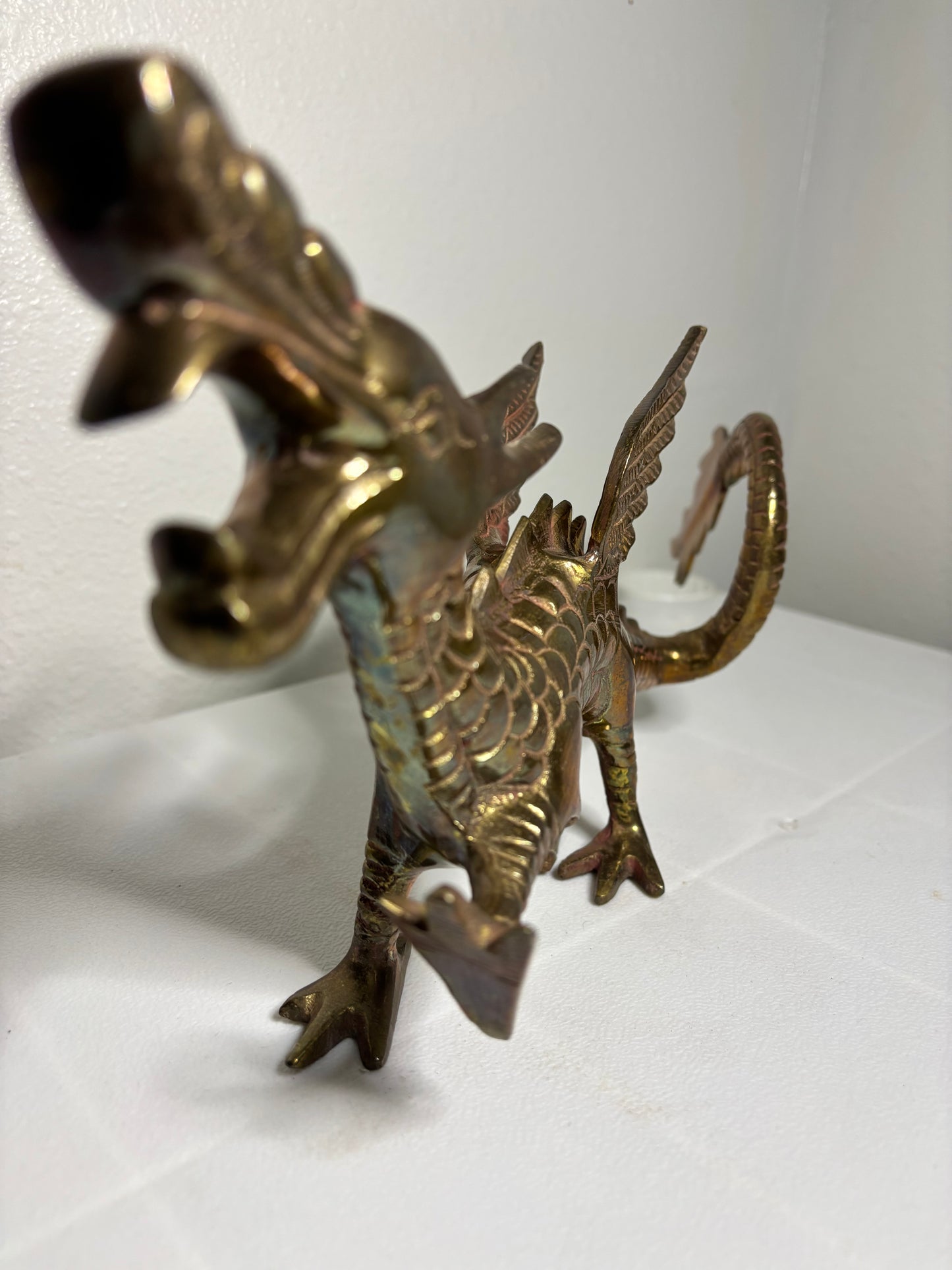 Vintage Solid Brass Winged Dragon Figurine – 12” Long – Mythical Decor
