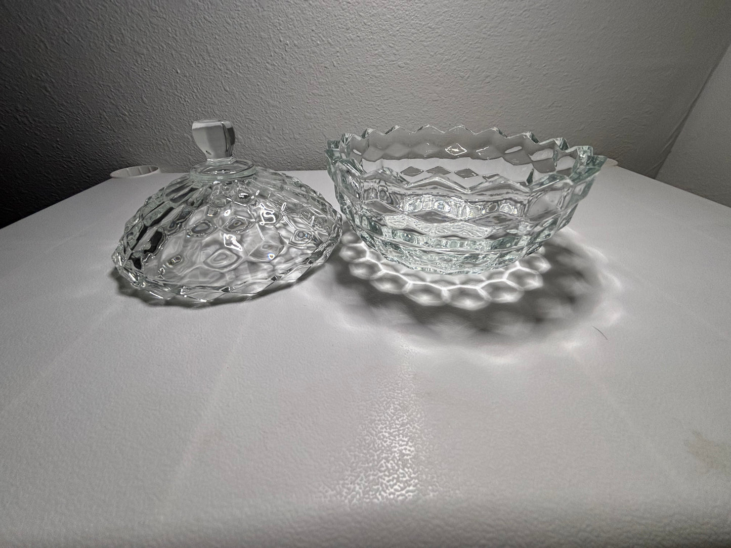 Vintage Lidded Pressed Glass Candy Dish – 6” Tall – Diamond Pattern