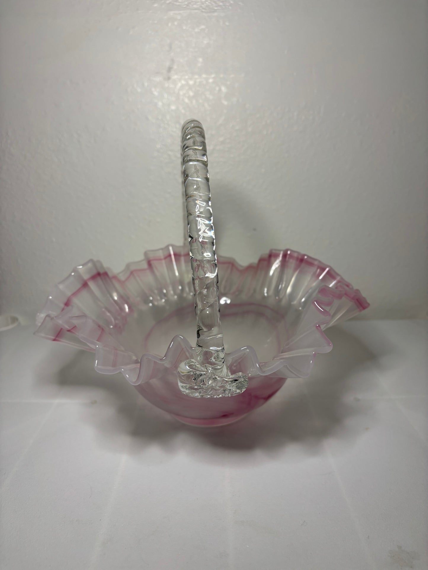 Vintage Pink Ruffled Art Glass Basket – 9" Decorative Handled Bowl