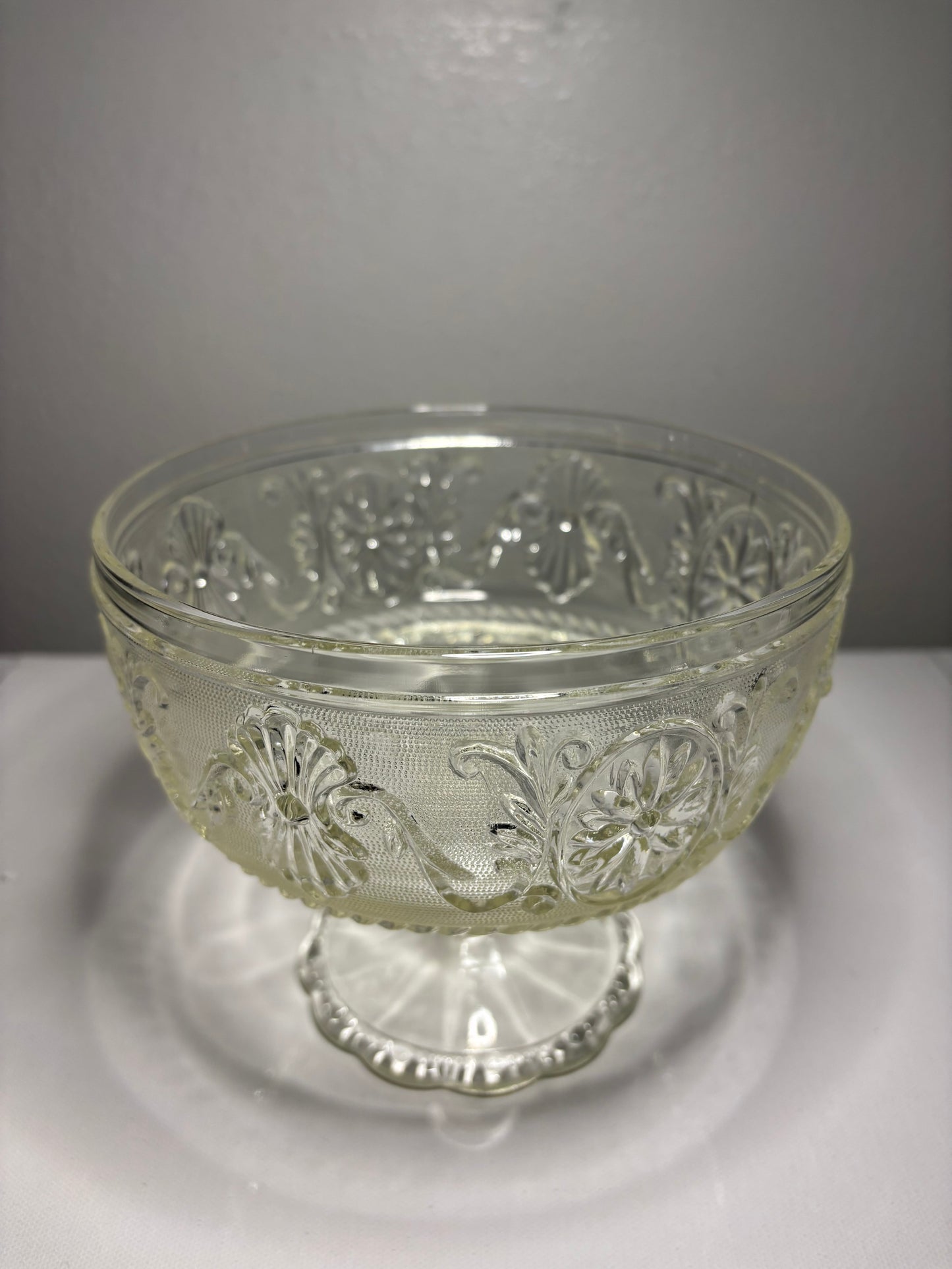 Vintage Pressed Glass Compote Pedestal Bowl – 6.5” Floral & Scroll Design