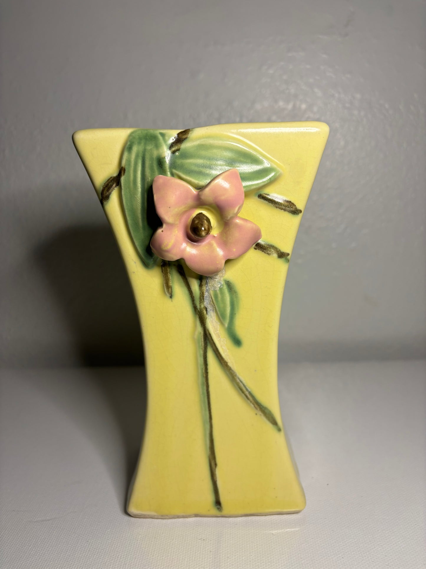 Vintage Art Pottery Bud Vase – Pink Flower Relief on Soft Yellow | 6.5” Tall
