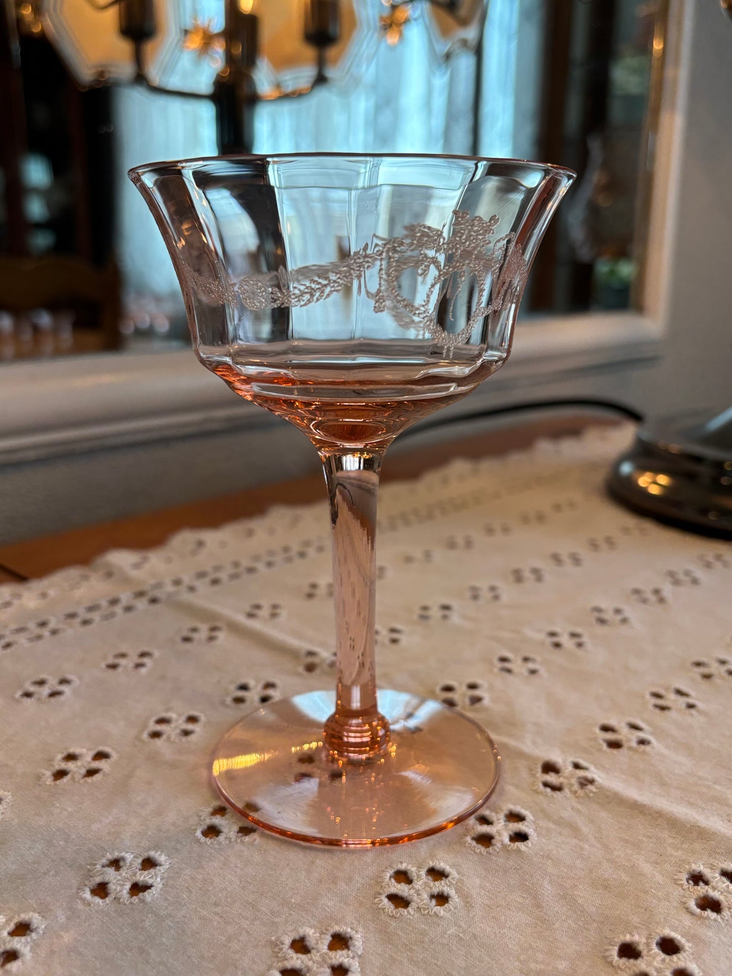 Vintage Pink Depression Glass Etched Stemmed Sherbet Glass – Floral Design *