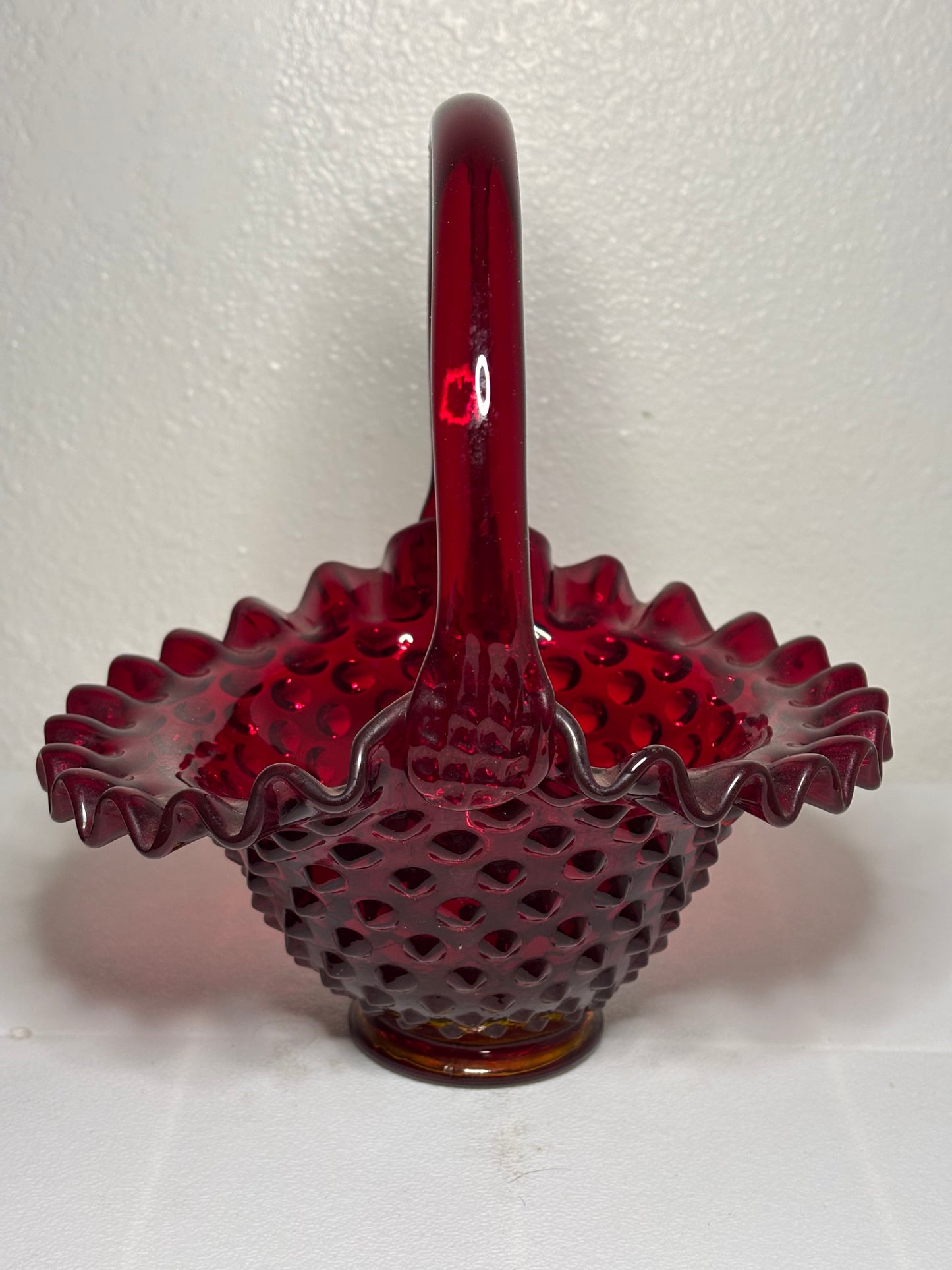 Vintage Ruby Red Hobnail Glass Basket – Ruffled Edge – Fenton Style