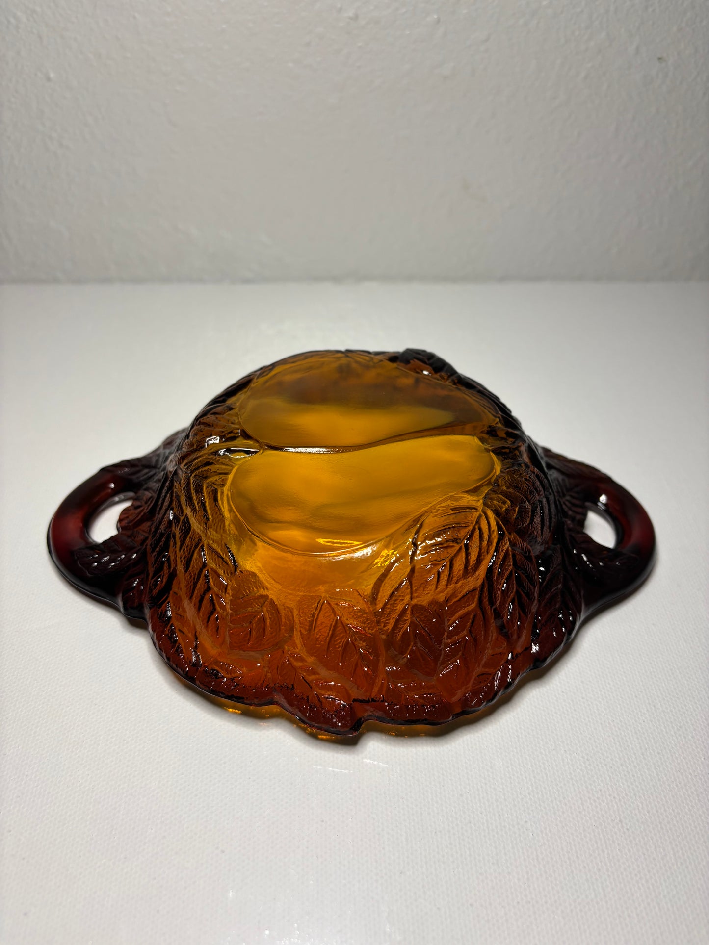 Amber Glass Pear Dish with Dual Handles – 7” Leaf Motif