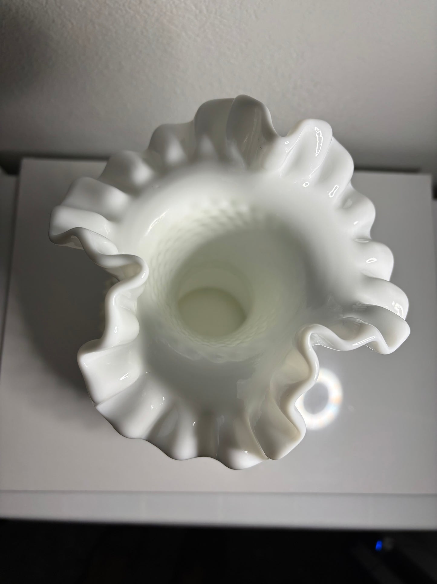 Vintage White Hobnail Milk Glass Vase – 11" Ruffled Edge
