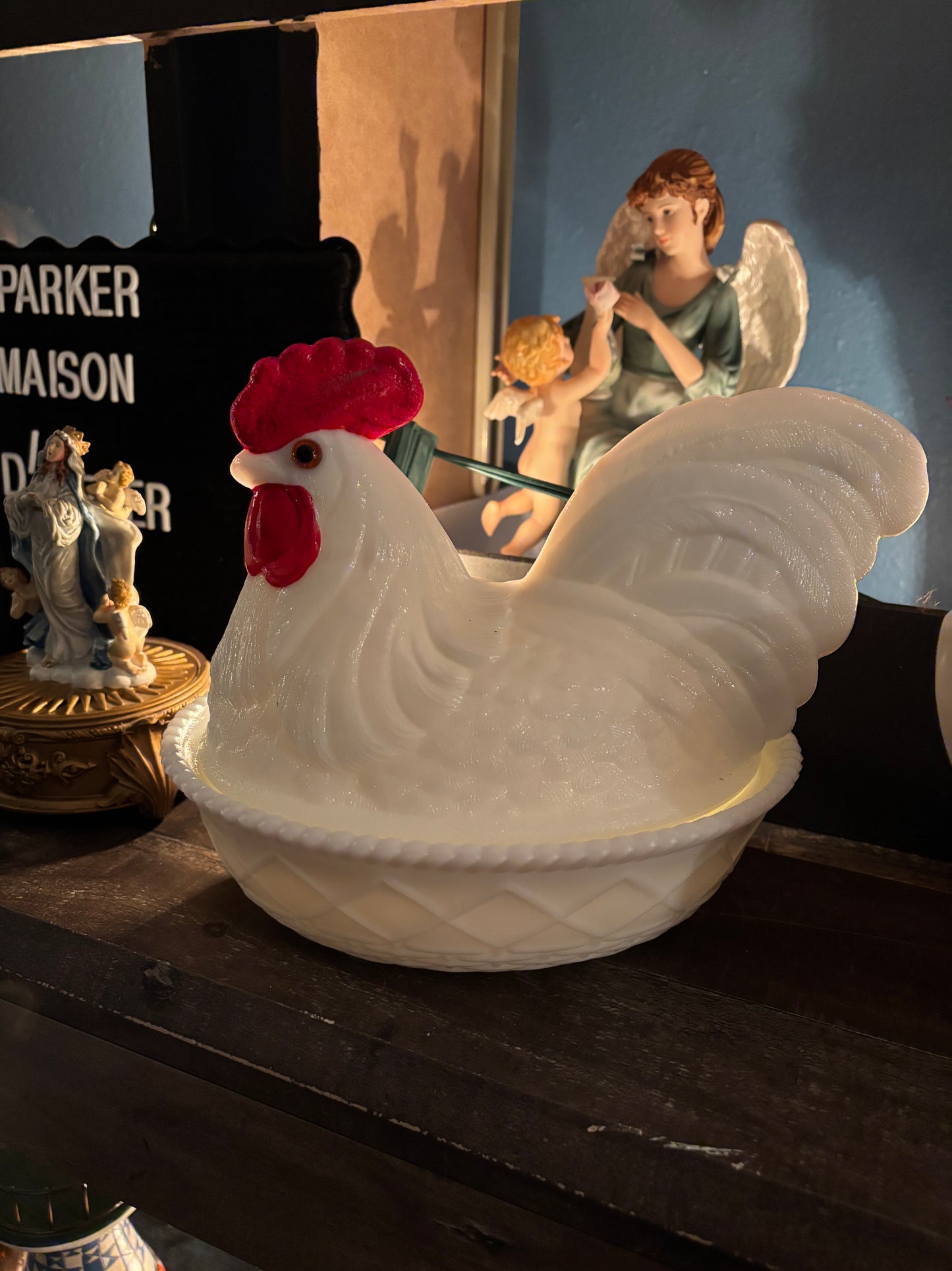 Vintage Milk Glass Hen on Nest Dish – 9" Collectible Candy Bowl with Red Comb