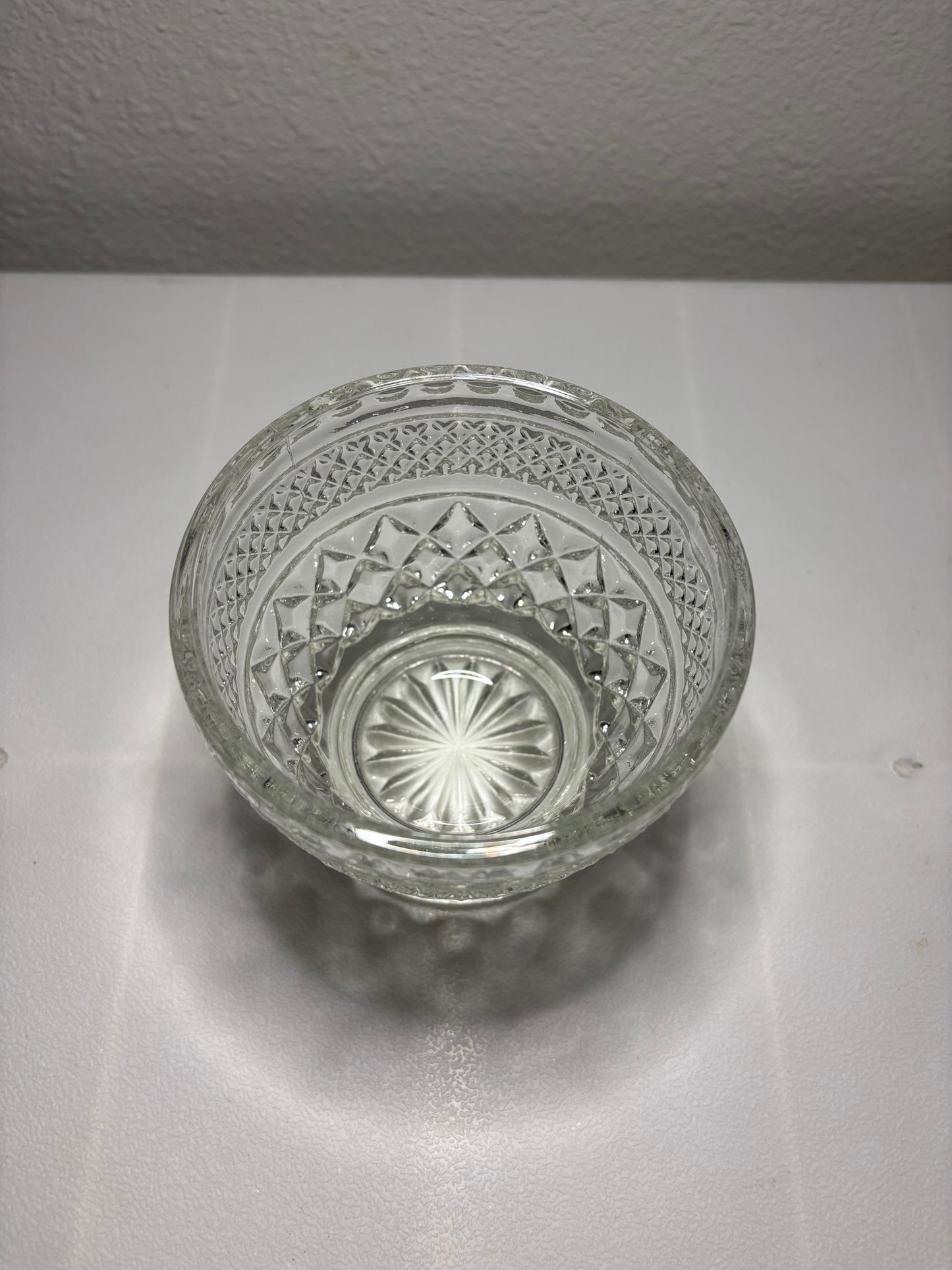 Vintage Diamond-Cut Pressed Glass Bowl – 4” Pedestal Candy Dish
